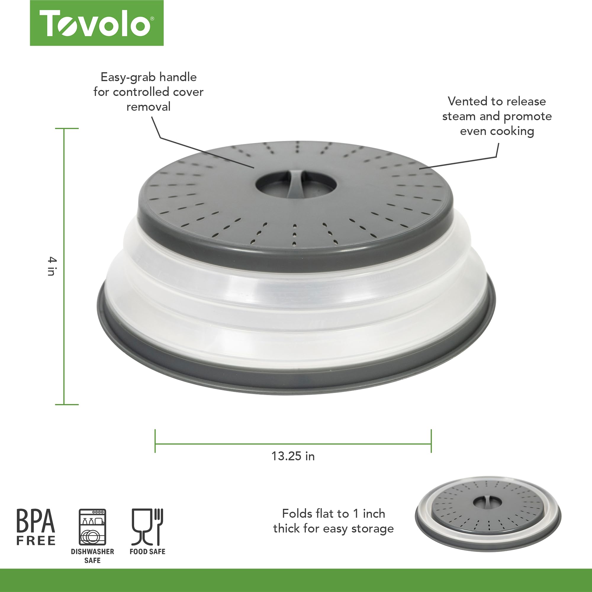 Tovolo Microwave Splatter Cover for Food, Medium (Charcoal) - Collapsible & Vented Silicone Splatter Guard Lid - Microwave Plate & Dish Cover with Handle - BPA-Free Kitchen Gadget for Meal Prep
