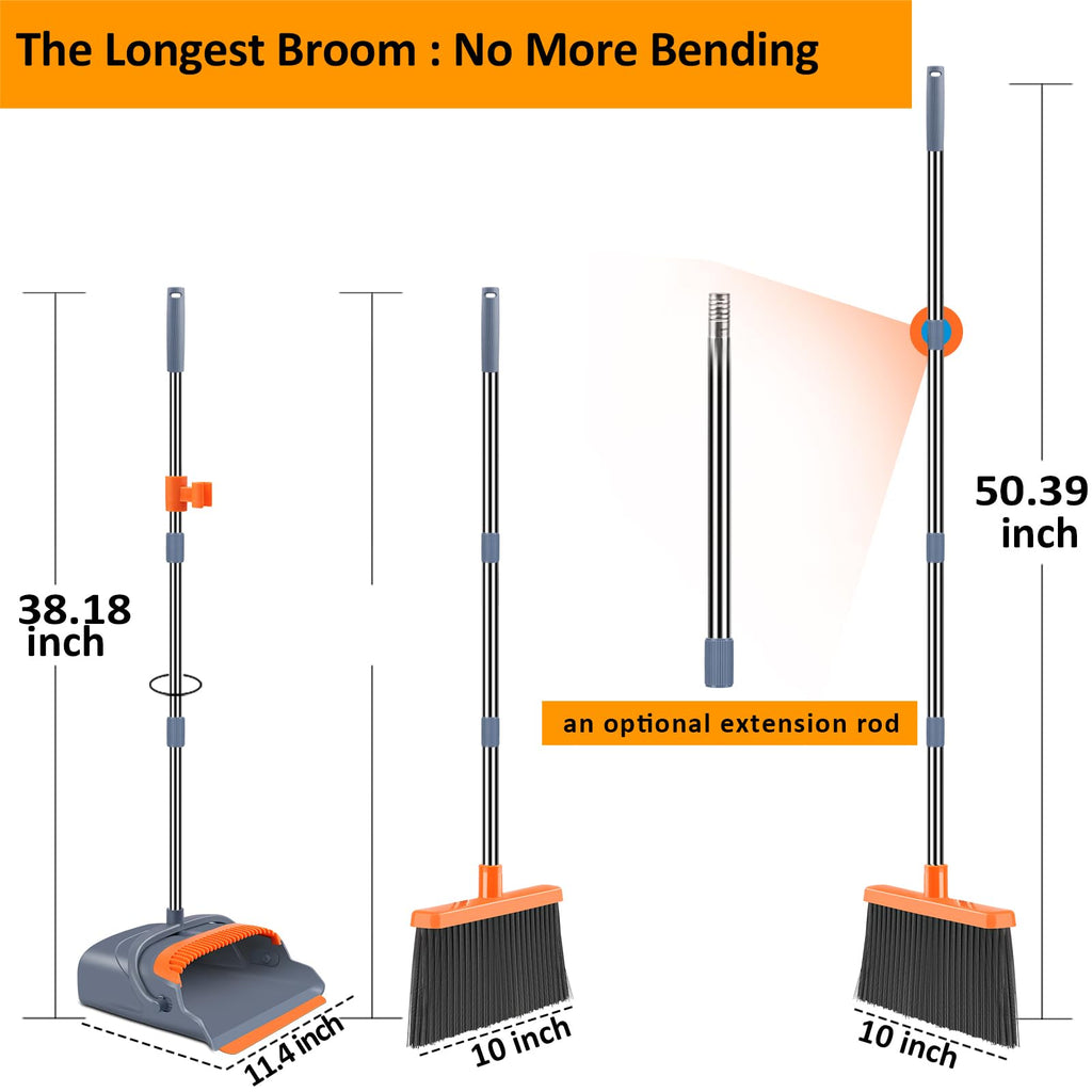 Upgrade Broom and Dustpan Set, Self-Cleaning with Dustpan Teeth, Indoor&Outdoor Sweeping, Ideal for Dog Cat Pets Home Use, Stand Up Broom and Dustpan (Gray&Orange)