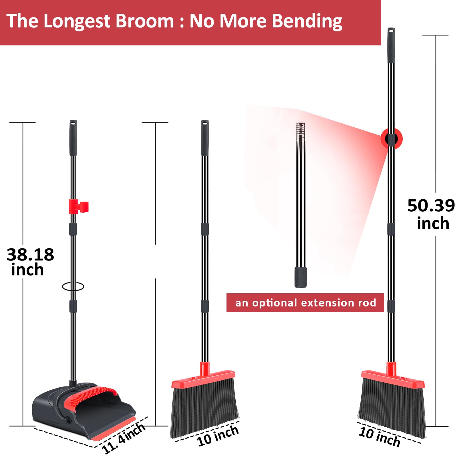 Upgrade Broom and Dustpan Set, Self-Cleaning with Dustpan Teeth, Indoor&Outdoor Sweeping, Ideal for Dog Cat Pets Home Use, Stand Up Broom and Dustpan (Gray&Orange)