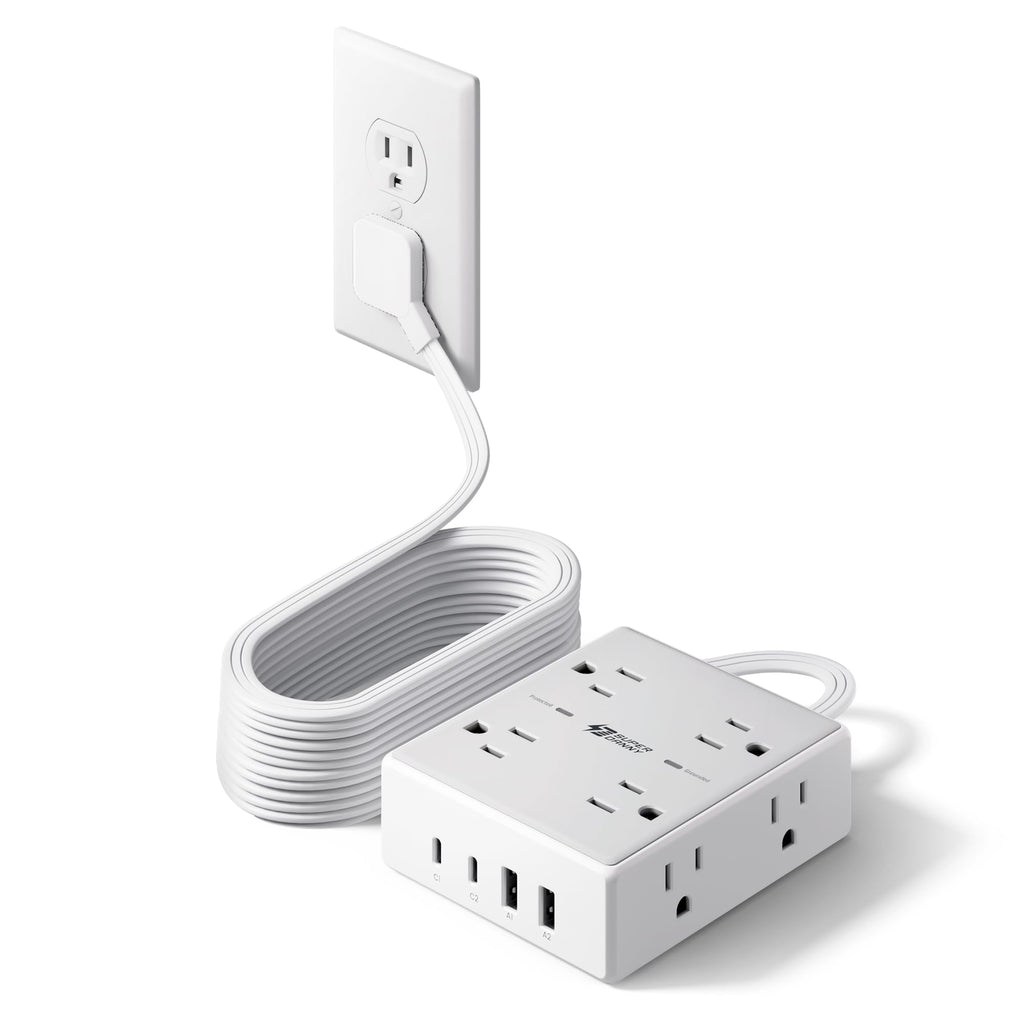 10Ft Extension Cord with Multiple Outlets, Flat Plug Surge Protector Power Strip 10 Ft Long Cord, 8 Outlets & 4 USB Ports (2 USB C), Desk Charging Station for Home Office, College Dorm Room Essentials