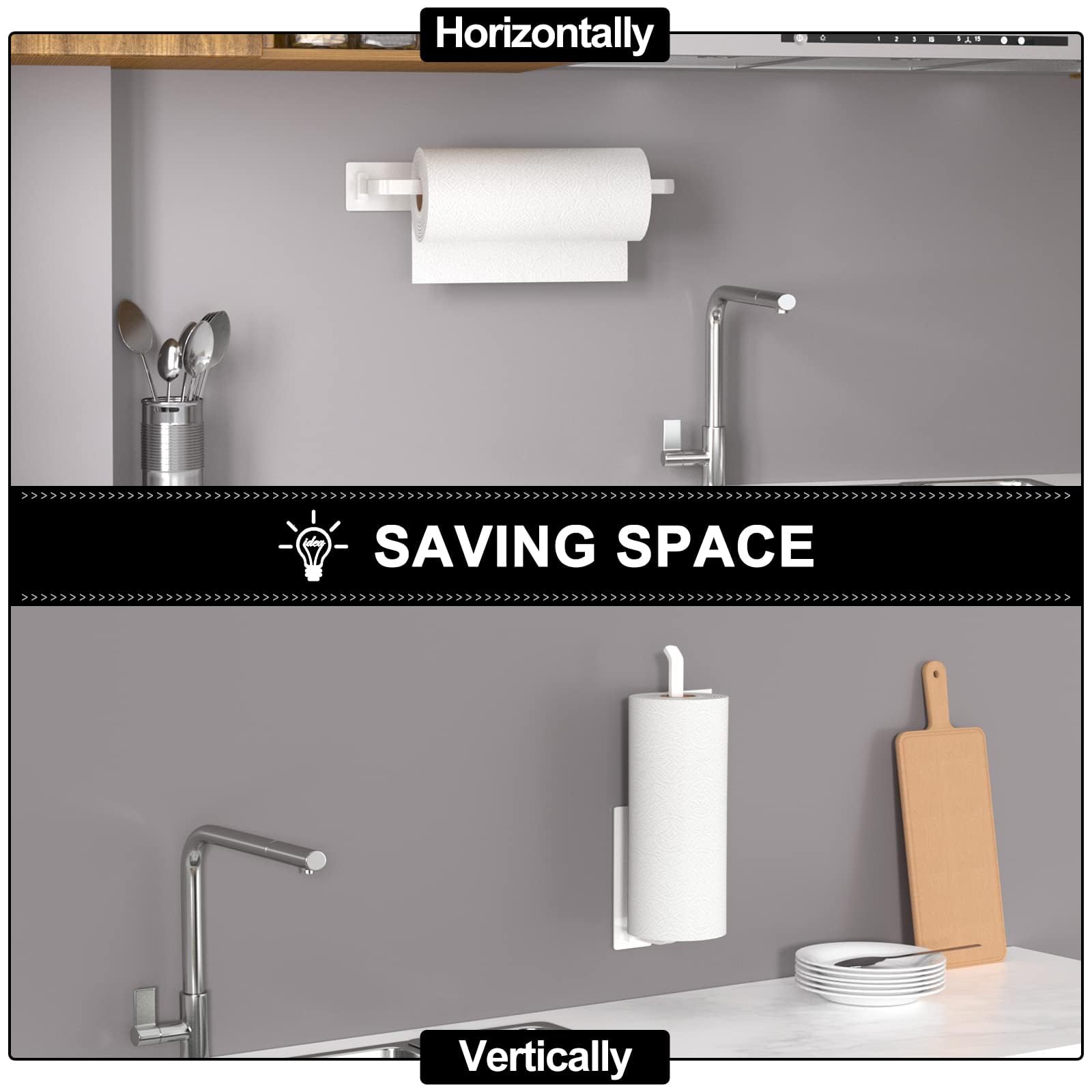Paper Towel Holder - Self-Adhesive or Drilling, White, Upgraded Aluminum Kitchen Roll Dispenser Under Cabinet, Lighter but Stronger Than Stainless Steel!