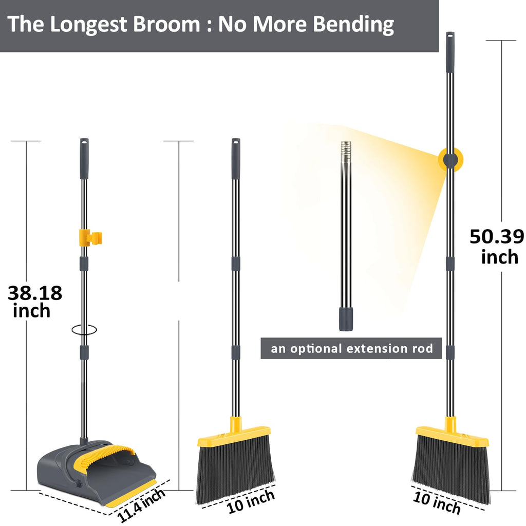 Upgrade Broom and Dustpan Set, Self-Cleaning with Dustpan Teeth, Indoor&Outdoor Sweeping, Ideal for Dog Cat Pets Home Use, Stand Up Broom and Dustpan (Gray&Orange)