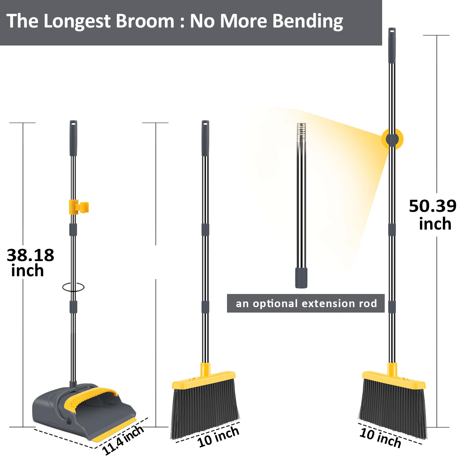 Upgrade Broom and Dustpan Set, Self-Cleaning with Dustpan Teeth, Indoor&Outdoor Sweeping, Ideal for Dog Cat Pets Home Use, Stand Up Broom and Dustpan (Gray&Orange)