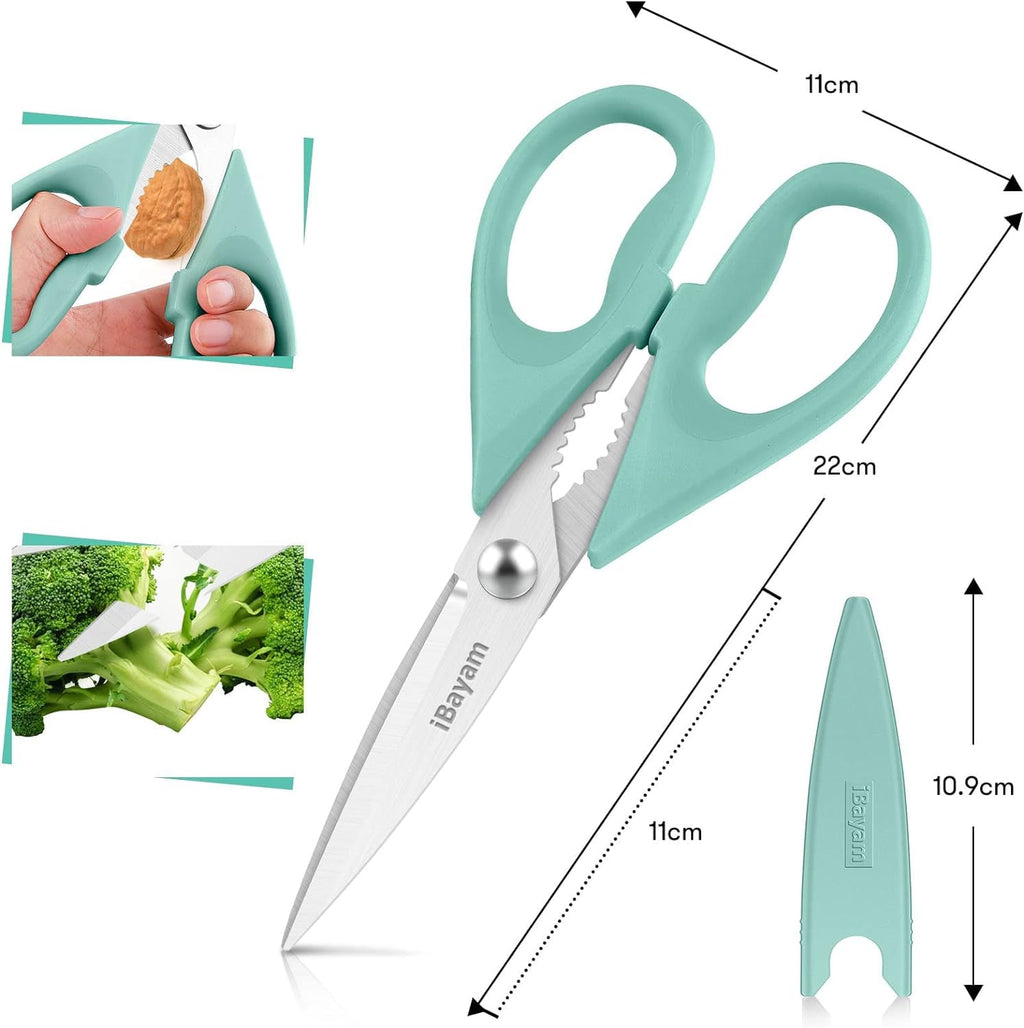 iBayam Kitchen Scissors All Purpose Heavy Duty 2 Pack with Protective Sheath, Stainless Steel Shears Kitchen Utensils Set for Cutting Food Cooking Meat Poultry Dishwasher Safe Soft Comfort-Grip