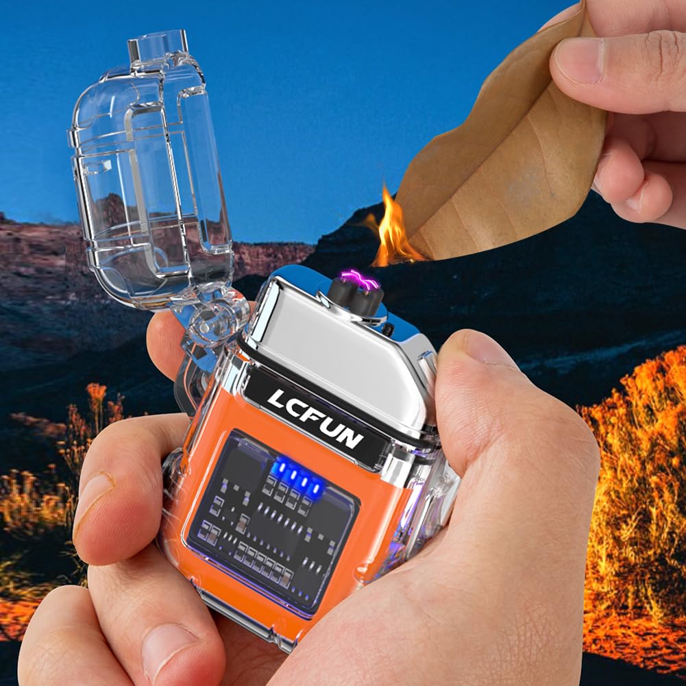 LcFun Electric Dual Arc Lighter USB Rechargeable Outdoor Windproof Flameless Plasma Lighters for Camping, Hiking, Waterproof Matches Survival Tactical Gear Birthday Gifts for Men
