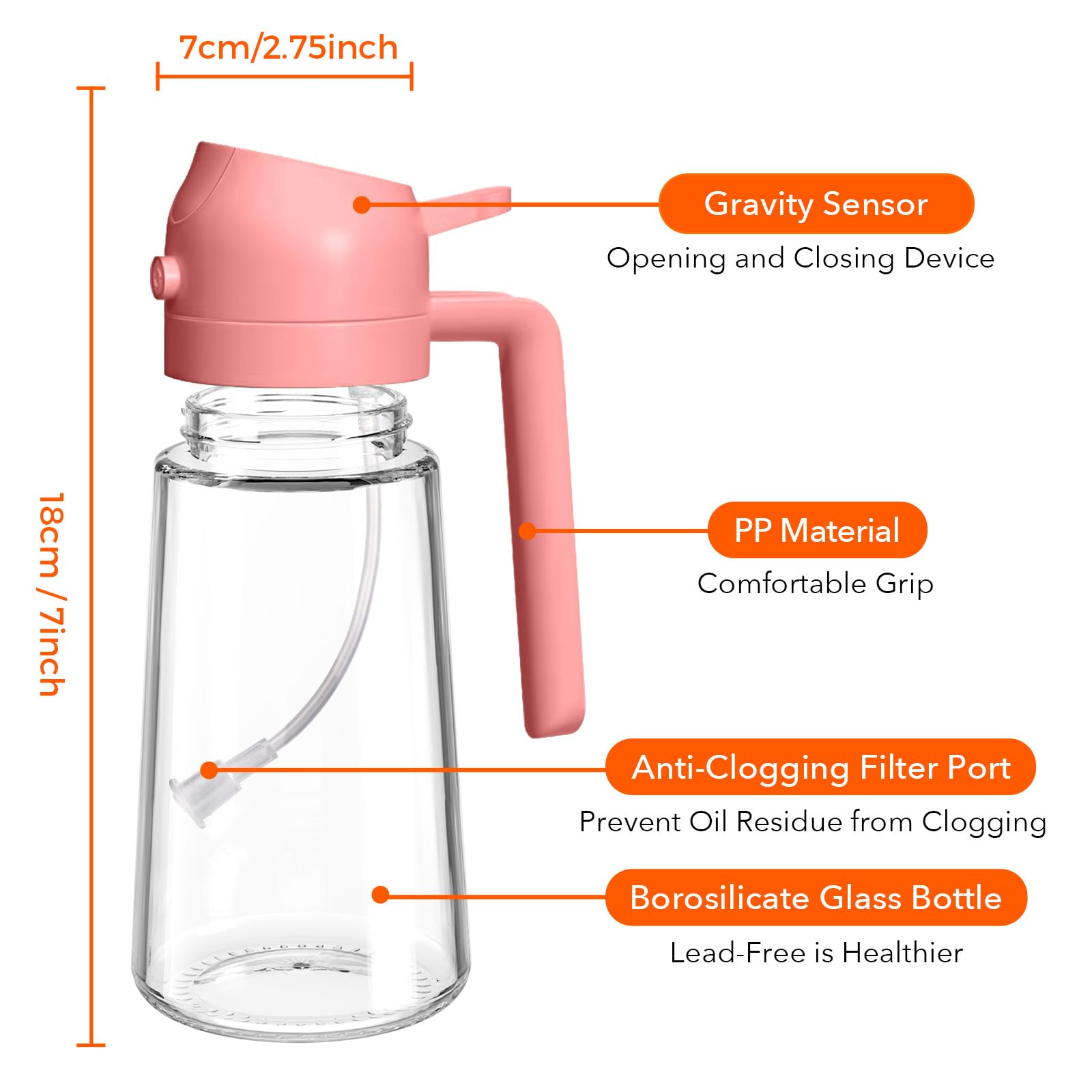 YARRAMATE 16oz/470ml Glass Olive Oil Sprayer for Cooking with Stickers, 2 in 1 Oil Dispenser for Kitchen Gadgets, Food Grade Premium Spray Bottle with Portion Control for Salad, Frying, BBQ (Black)