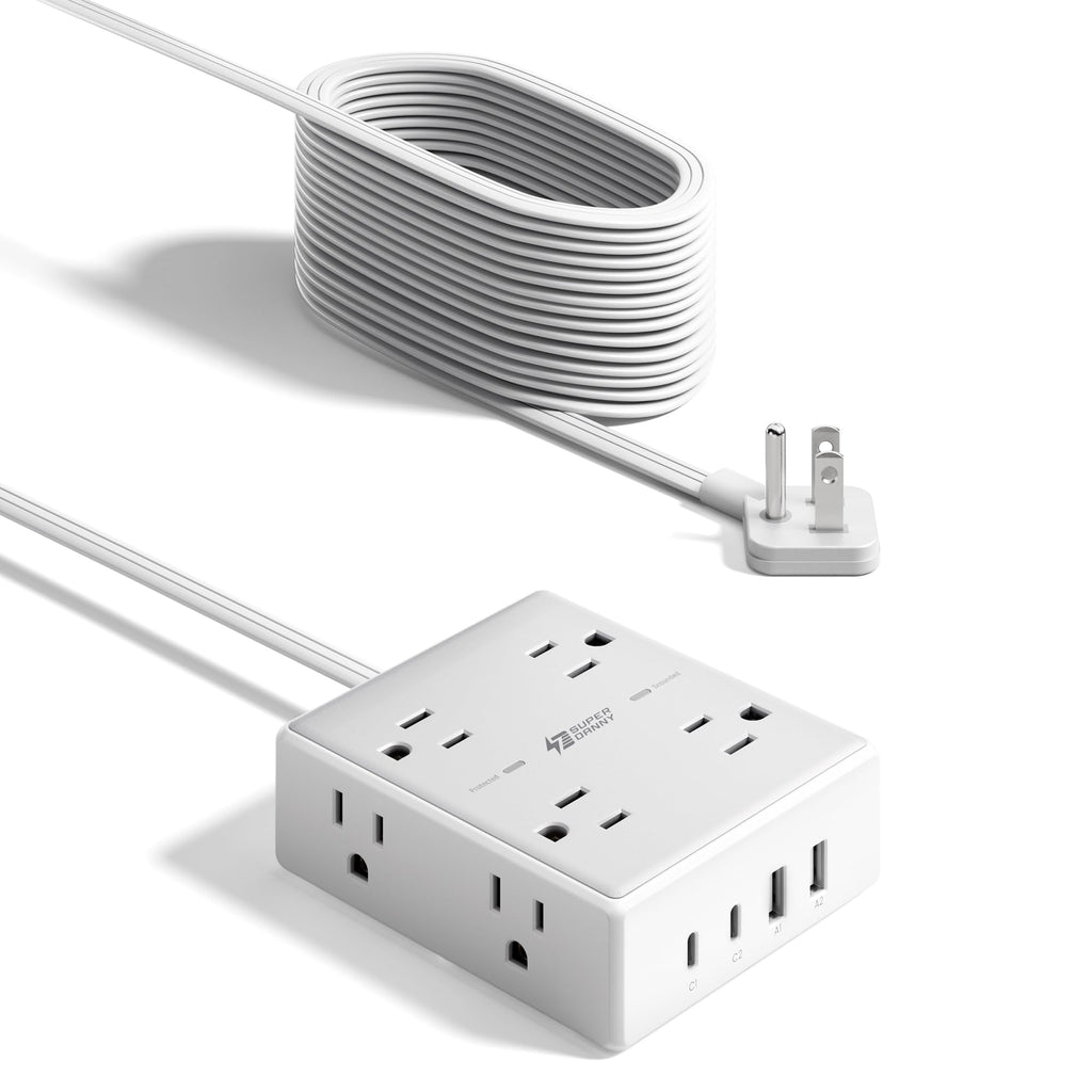 10Ft Extension Cord with Multiple Outlets, Flat Plug Surge Protector Power Strip 10 Ft Long Cord, 8 Outlets & 4 USB Ports (2 USB C), Desk Charging Station for Home Office, College Dorm Room Essentials