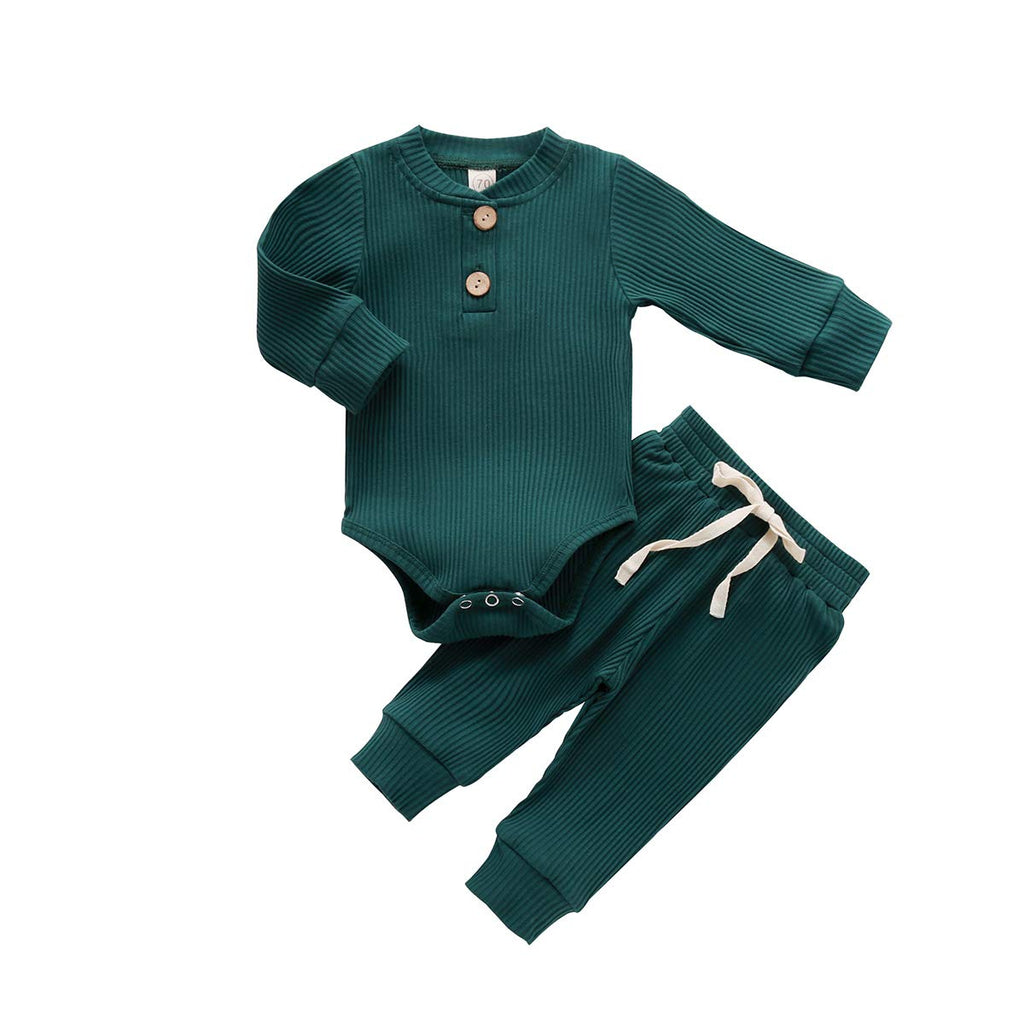 Newborn Baby Boy Girl Clothes Ribbed Knitted Cotton Long Sleeve Romper Long Pants Solid Color Fall Winter Outfits