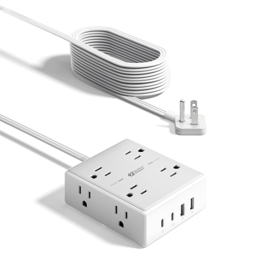 10Ft Extension Cord with Multiple Outlets, Flat Plug Surge Protector Power Strip 10 Ft Long Cord, 8 Outlets & 4 USB Ports (2 USB C), Desk Charging Station for Home Office, College Dorm Room Essentials