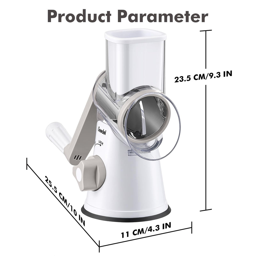 Geedel Rotary Cheese Grater, Kitchen Mandoline Vegetable Slicer with 3 Interchangeable Blades, Easy to Clean Grater for Fruit, Vegetables, Nuts