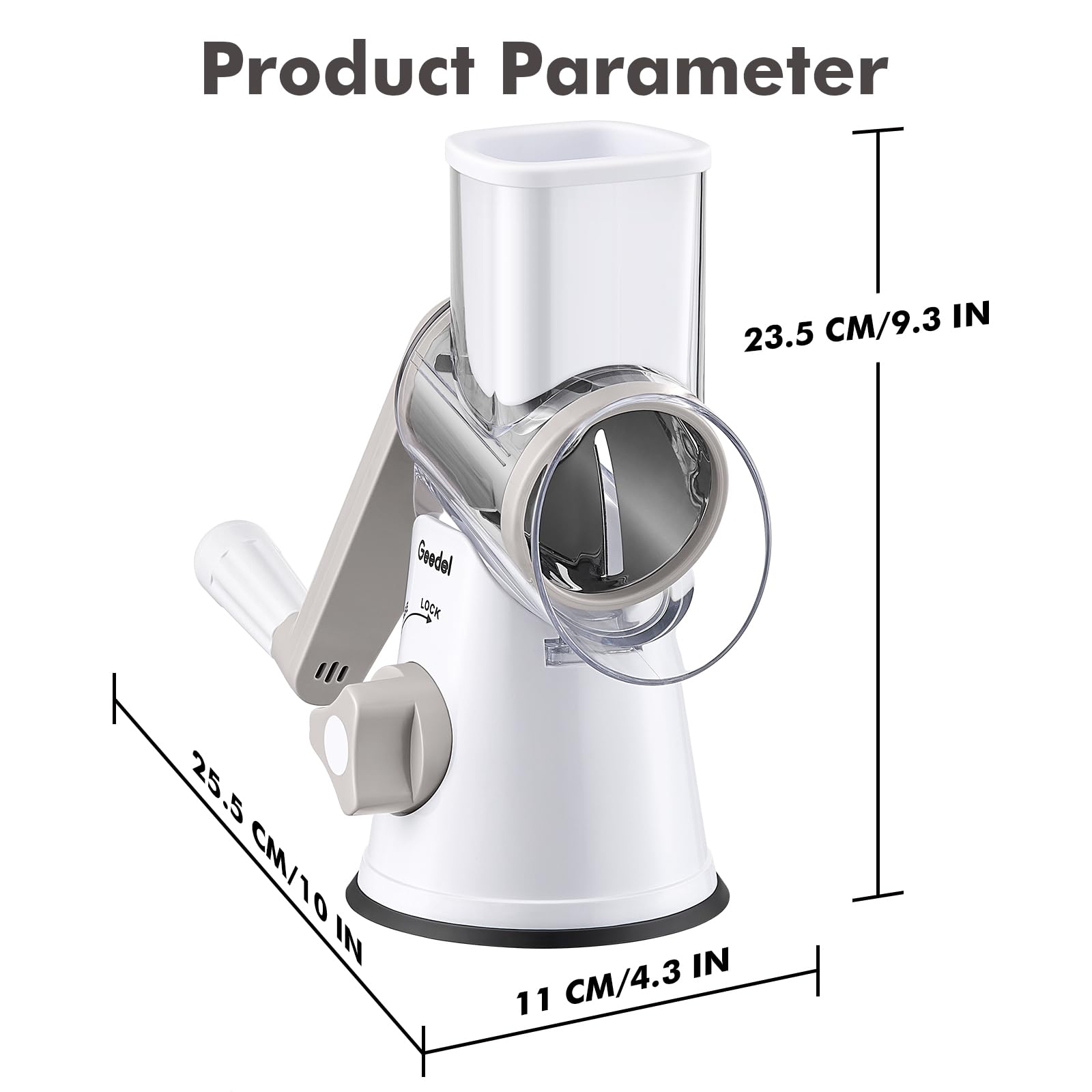 Geedel Rotary Cheese Grater, Kitchen Mandoline Vegetable Slicer with 3 Interchangeable Blades, Easy to Clean Grater for Fruit, Vegetables, Nuts