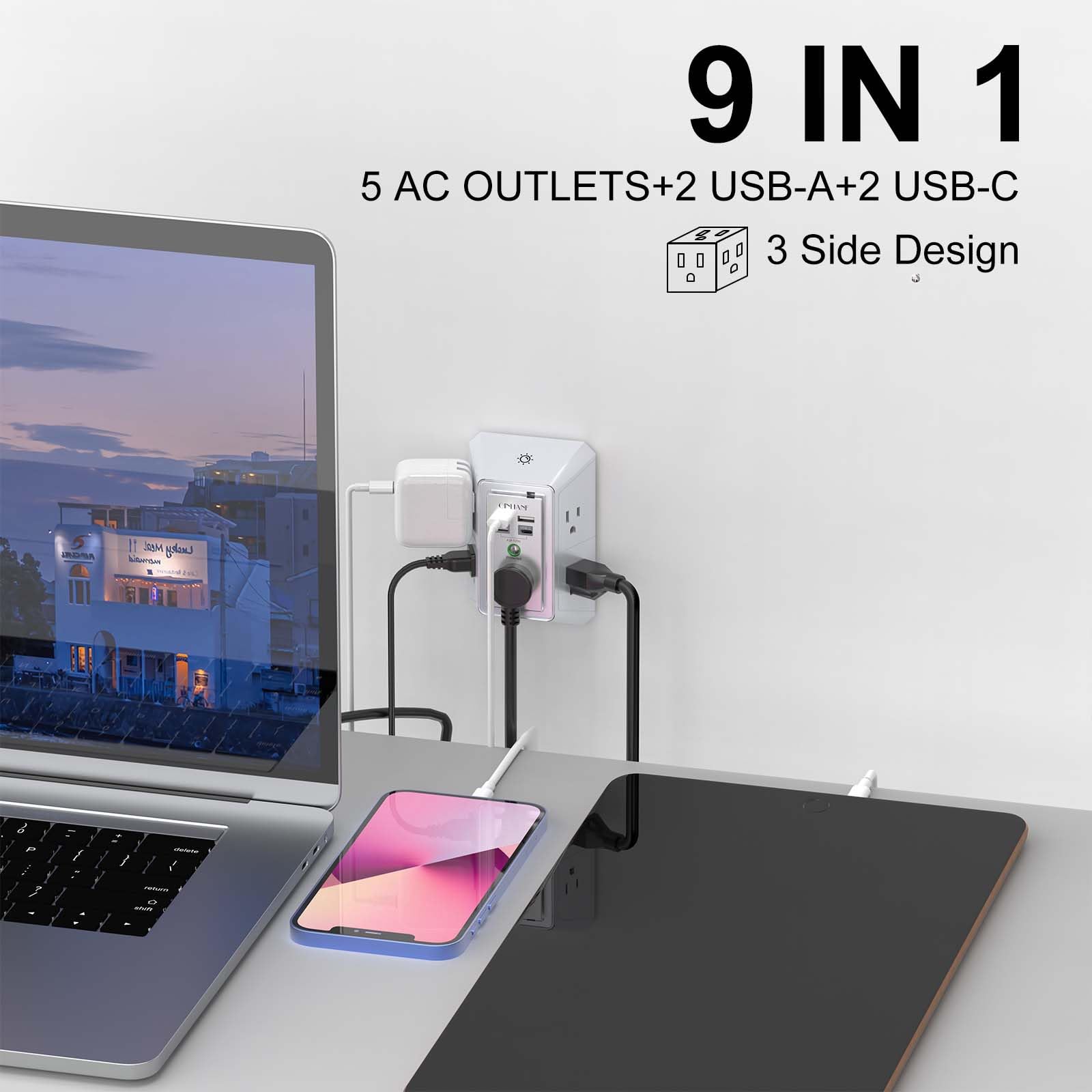 Wall Charger, Surge Protector, QINLIANF 5 Outlet Extender with 4 USB Charging Ports, 3-Sided 1680J Power Strip Multi Plug Adapter Spaced for Home Travel Office