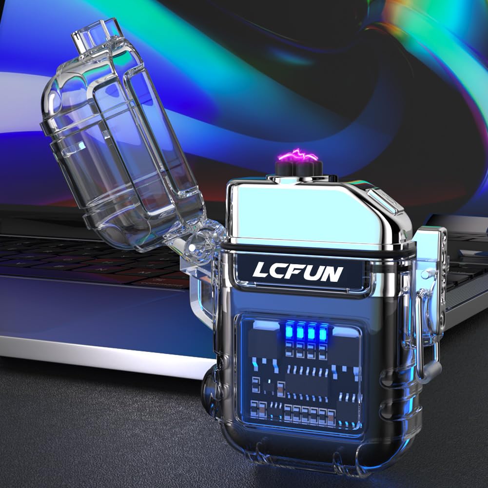 LcFun Electric Dual Arc Lighter USB Rechargeable Outdoor Windproof Flameless Plasma Lighters for Camping, Hiking, Waterproof Matches Survival Tactical Gear Birthday Gifts for Men