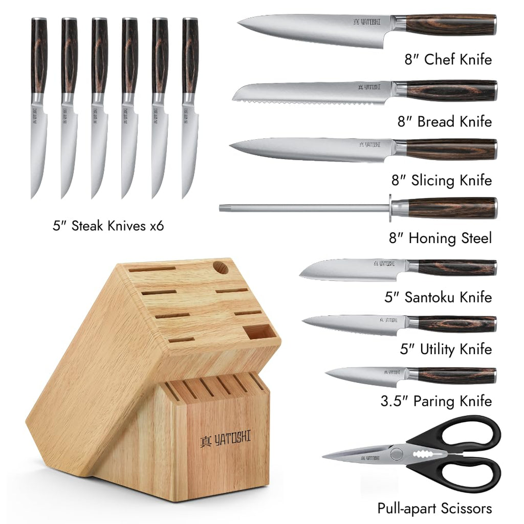 Yatoshi Professional Kitchen Knife Set, 15 Pieces, High Carbon Stainless Steel, Ergonomic Handle