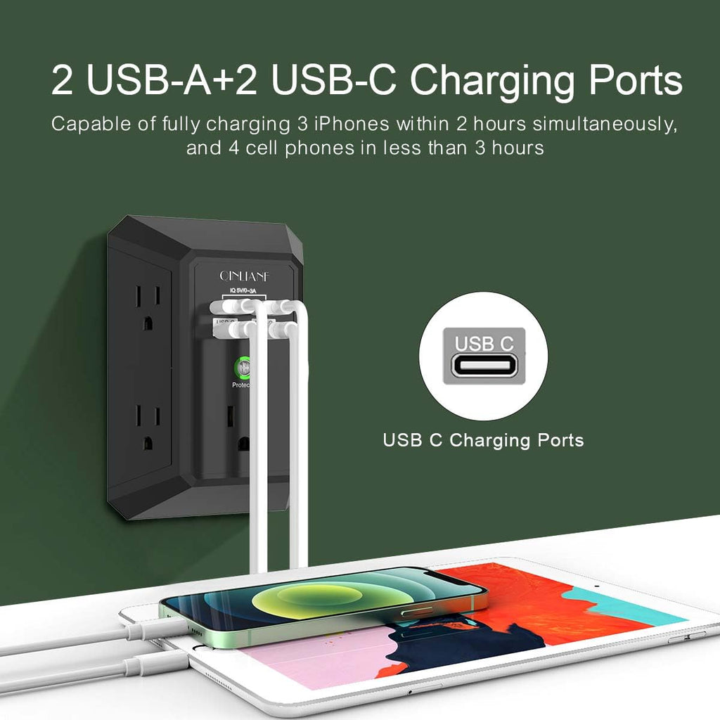 Wall Charger, Surge Protector, QINLIANF 5 Outlet Extender with 4 USB Charging Ports, 3-Sided 1680J Power Strip Multi Plug Adapter Spaced for Home Travel Office