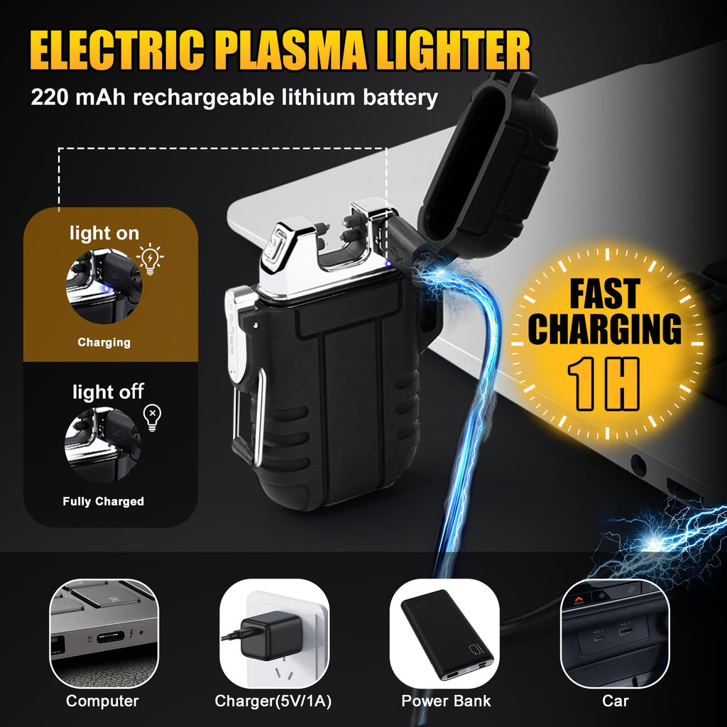 LcFun Electric Dual Arc Lighter USB Rechargeable Outdoor Windproof Flameless Plasma Lighters for Camping, Hiking, Waterproof Matches Survival Tactical Gear Birthday Gifts for Men