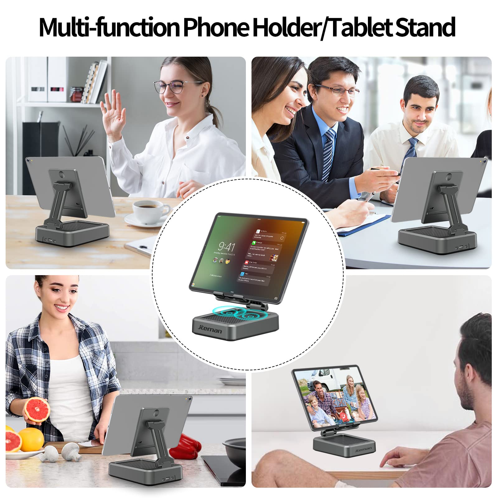 JTEMAN Cell Phone Stand with Bluetooth Speaker, HD Stereo Sound & Anti-Slip Base, Foldable Adjustable Desktop Phone Holder for Home Office, Cool Tech Gadgets Birthday Gifts for Men Women (Black)