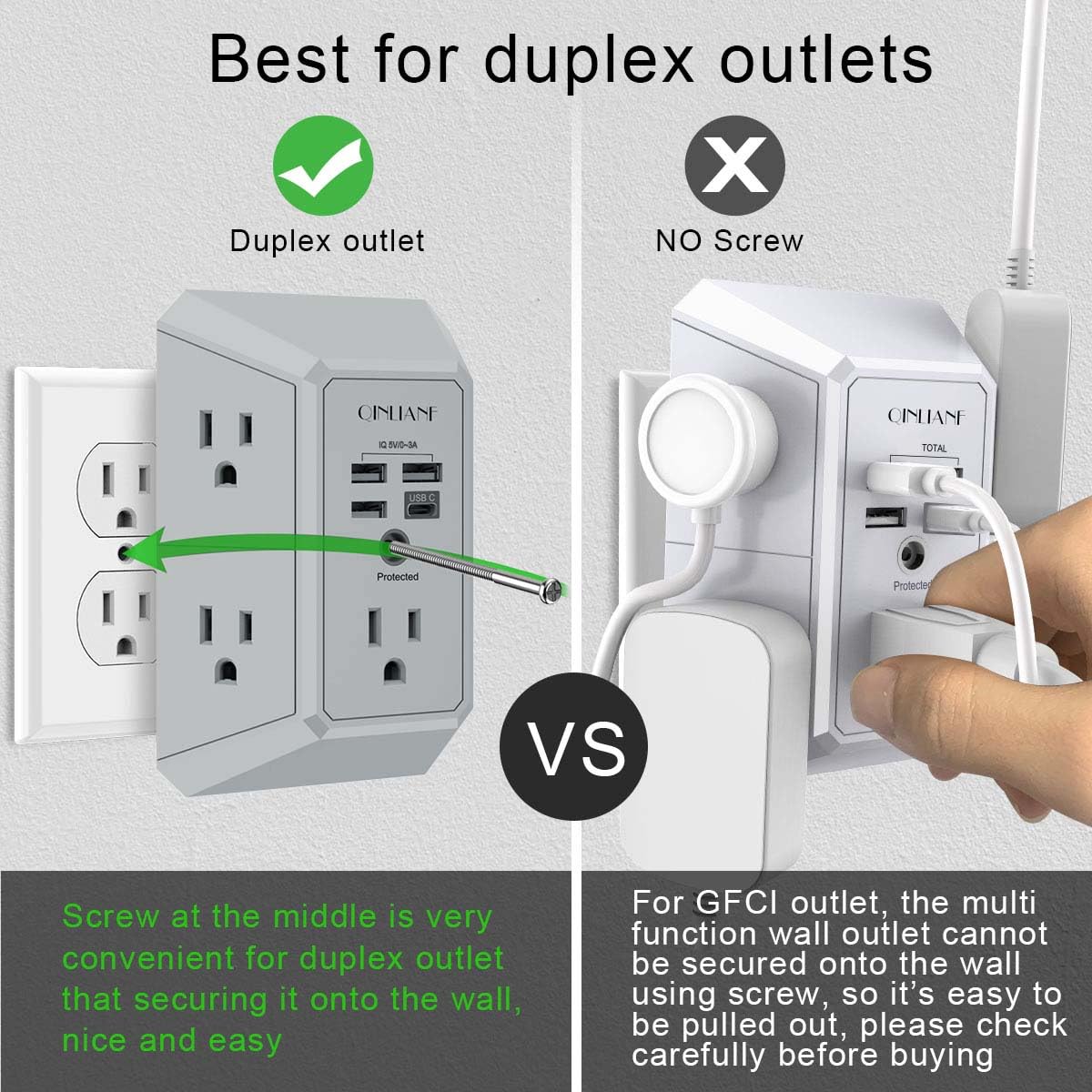 Wall Charger, Surge Protector, QINLIANF 5 Outlet Extender with 4 USB Charging Ports, 3-Sided 1680J Power Strip Multi Plug Adapter Spaced for Home Travel Office