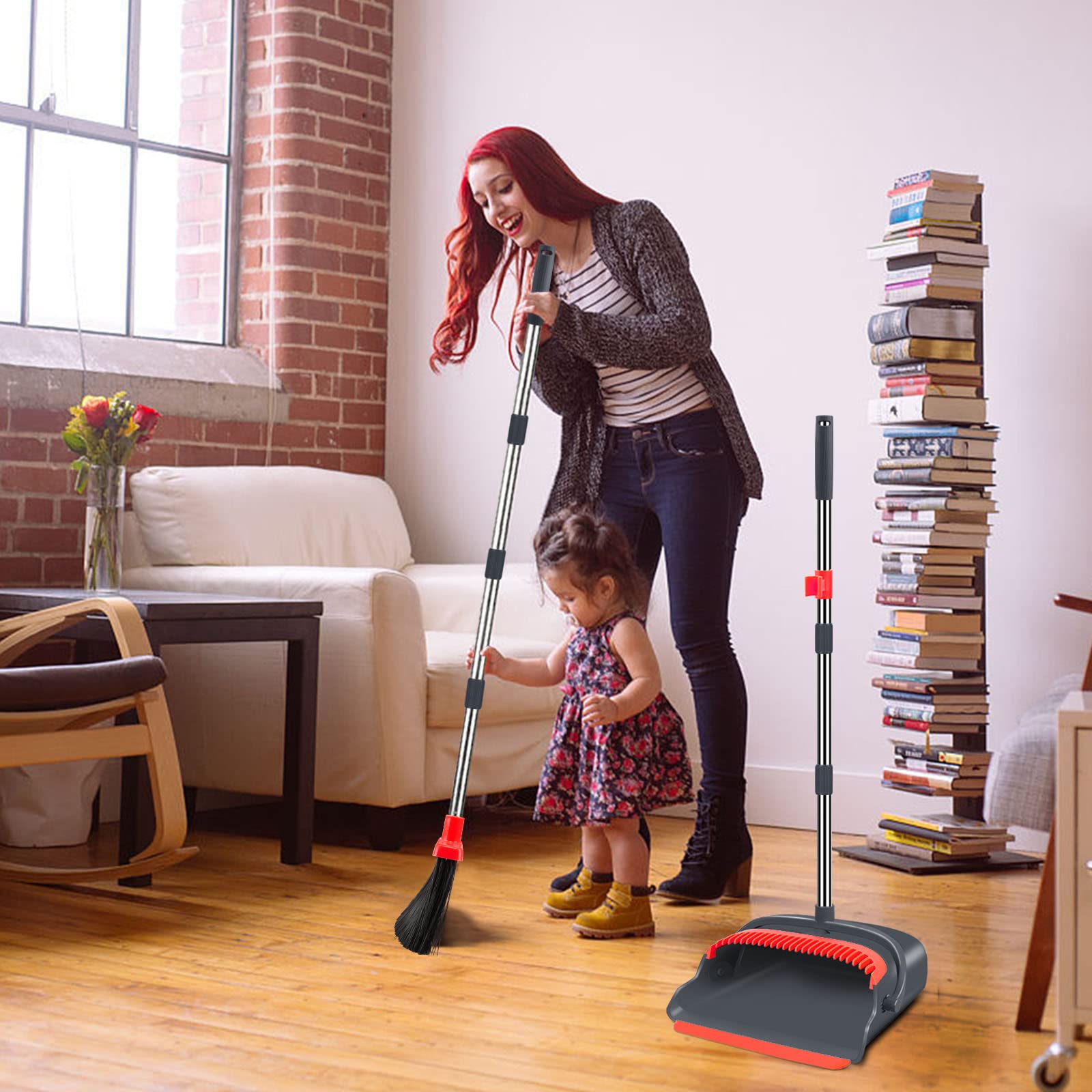 Upgrade Broom and Dustpan Set, Self-Cleaning with Dustpan Teeth, Indoor&Outdoor Sweeping, Ideal for Dog Cat Pets Home Use, Stand Up Broom and Dustpan (Gray&Orange)