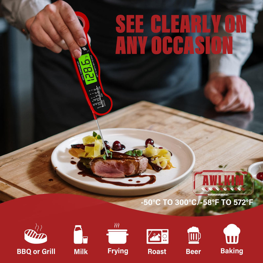 AWLKIM Meat Thermometer Digital - Instant Read Waterproof Food Thermometer with Backlight for Cooking, Grill, Candy, Kitchen & Stocking Stuffers for Men - Red