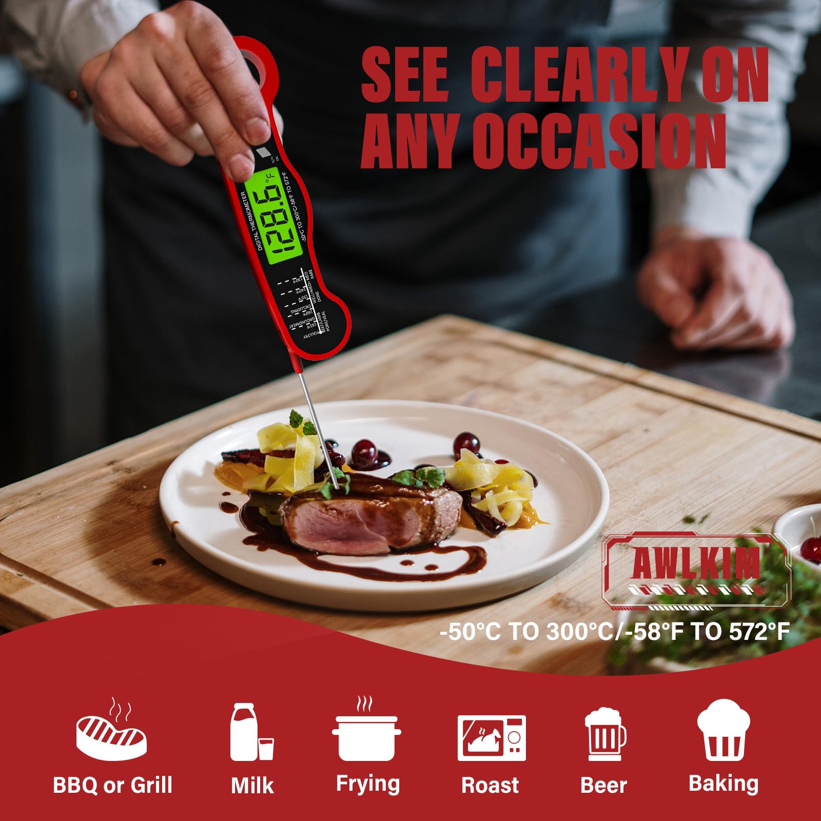 AWLKIM Meat Thermometer Digital - Instant Read Waterproof Food Thermometer with Backlight for Cooking, Grill, Candy, Kitchen & Stocking Stuffers for Men - Red