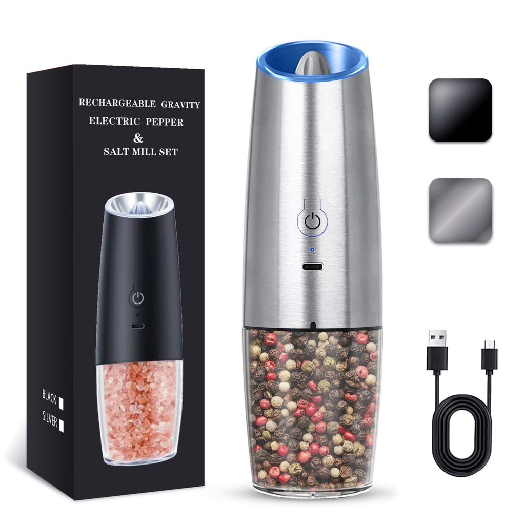 UNNEES Gravity Electric Salt and Pepper Grinder set of 2, Automatic Salt And Pepper Grinder Set, Adjustable Roughness, Battery Powered, LED Light, 2 Pack, (Black)
