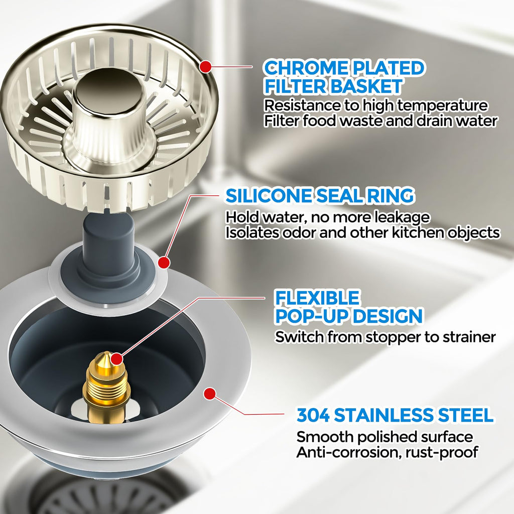 Sink Drain Strainer - Sink Stopper Kitchen Drain, 3 in 1 Kitchen Sink Drain Strainer with Anti-Clogging Basket, Kitchen Gadgets Clearance Sink Accessories, Fit US Standard 3-1/2'' Sink Hole, Silver
