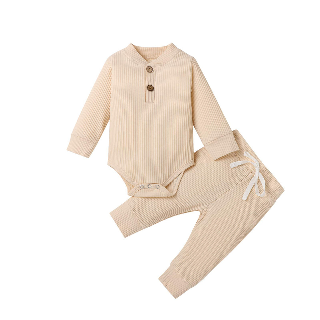 Newborn Baby Boy Girl Clothes Ribbed Knitted Cotton Long Sleeve Romper Long Pants Solid Color Fall Winter Outfits
