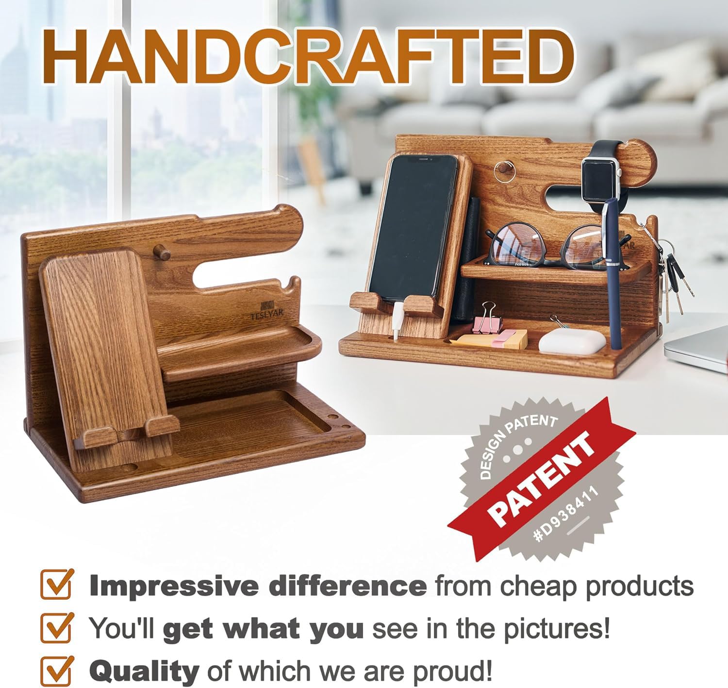 TESLYAR Wood Phone Docking Station for Men - Desk or Nightstand Organizer - Birthday Gifts for Husband, Dad - Anniversary Idea from Wife - Key Holder, Stand Wallet, Watch & Essentials (Bourbon Brown)