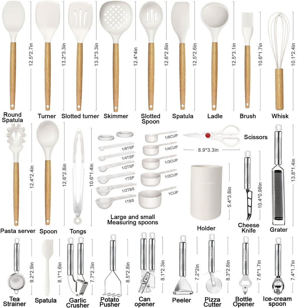 Kitchen Utensils Set- 35 PCs Cooking Utensils with Grater,Tongs, Spoon Spatula &Turner Made of Heat Resistant Food Grade Silicone and Wooden Handles Kitchen Gadgets Tools Set for Nonstick Cookware