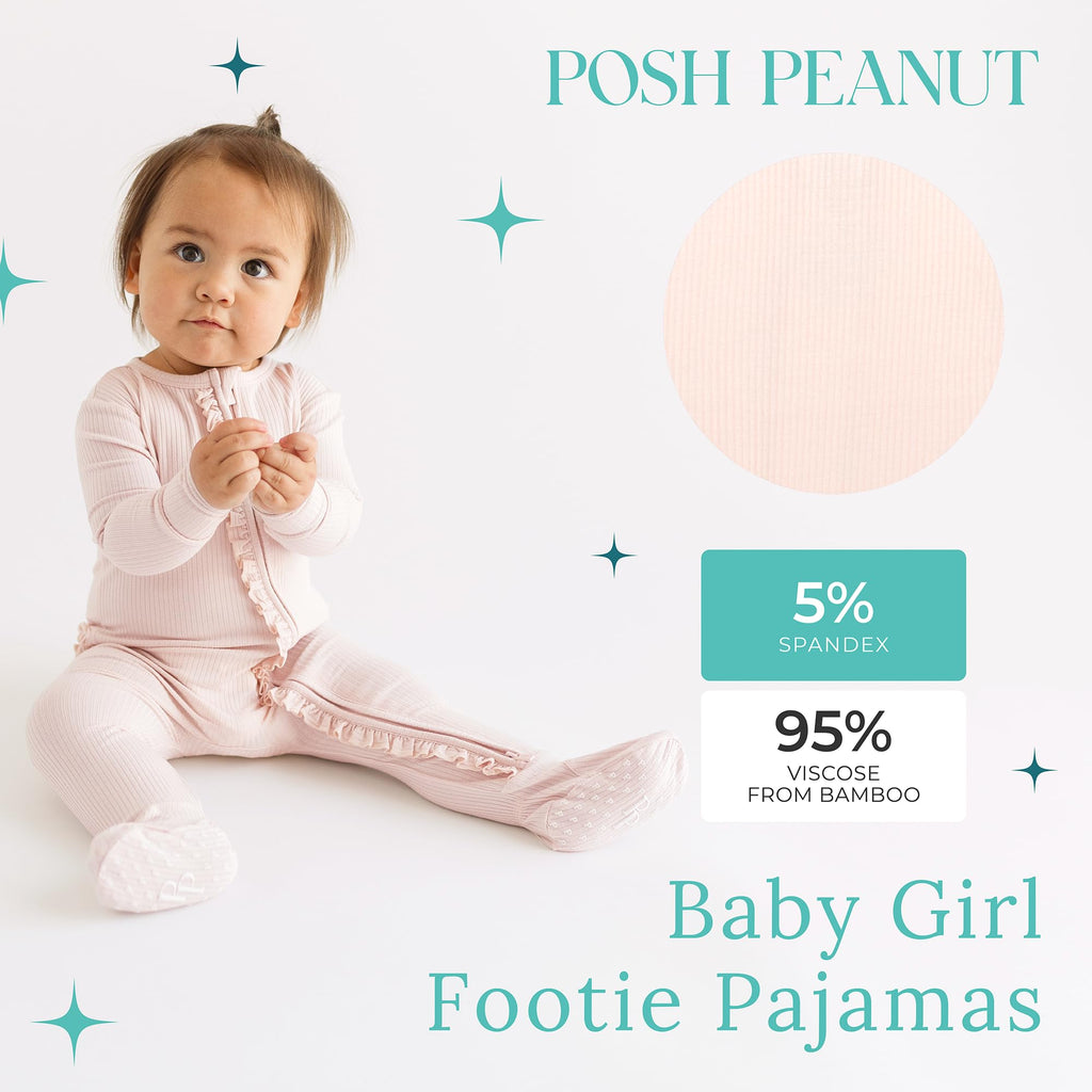 Posh Peanut Footie Pajamas for Baby Girls – Sleepers in Ultra-Soft Viscose from Bamboo with 2-Way Zipper & Ruffle Trim