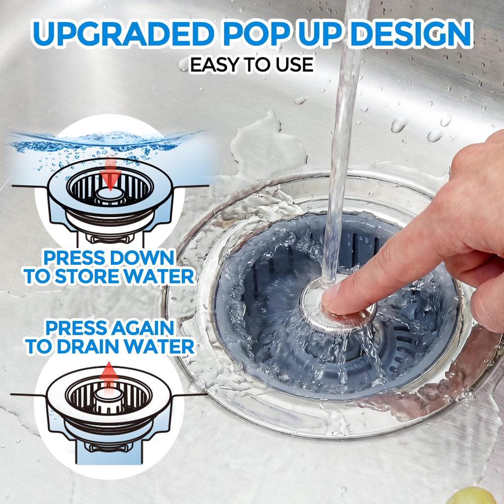 Sink Drain Strainer - Sink Stopper Kitchen Drain, 3 in 1 Kitchen Sink Drain Strainer with Anti-Clogging Basket, Kitchen Gadgets Clearance Sink Accessories, Fit US Standard 3-1/2'' Sink Hole, Silver