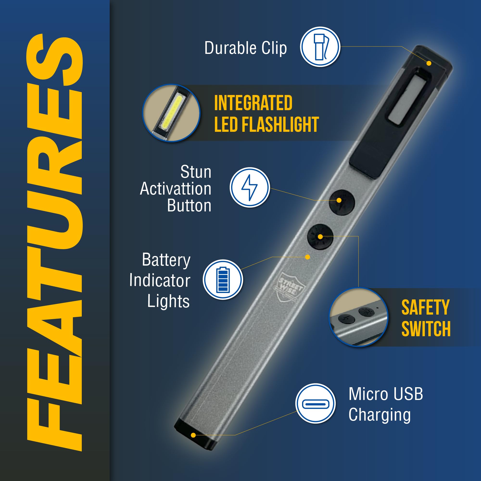 Streetwise Pain Pen 25,000,000 Volts Stun Gun for Self Protection - Tactical Stun Pen for Women and Men, USB Rechargeable, Battery Indicator, Durable Clip, Compact and Concealable for Protection