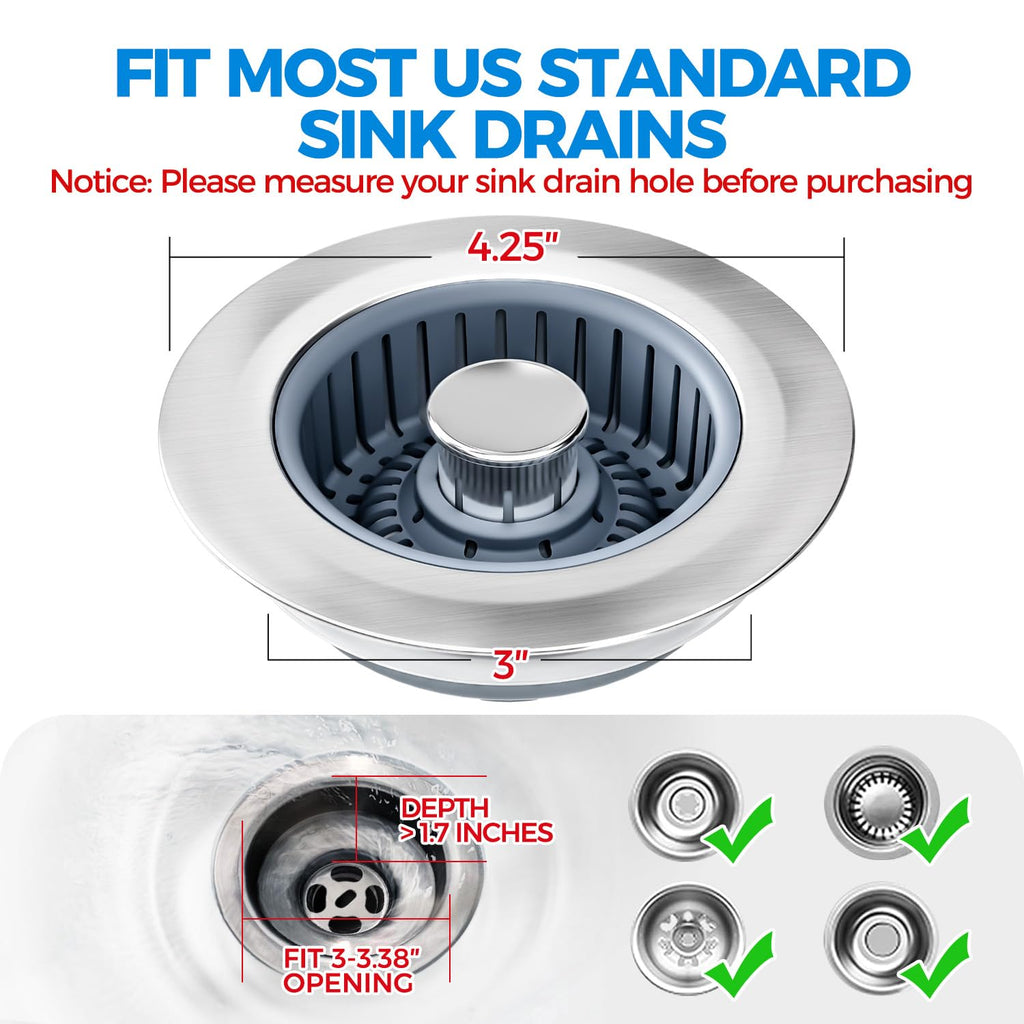 Sink Drain Strainer - Sink Stopper Kitchen Drain, 3 in 1 Kitchen Sink Drain Strainer with Anti-Clogging Basket, Kitchen Gadgets Clearance Sink Accessories, Fit US Standard 3-1/2'' Sink Hole, Silver