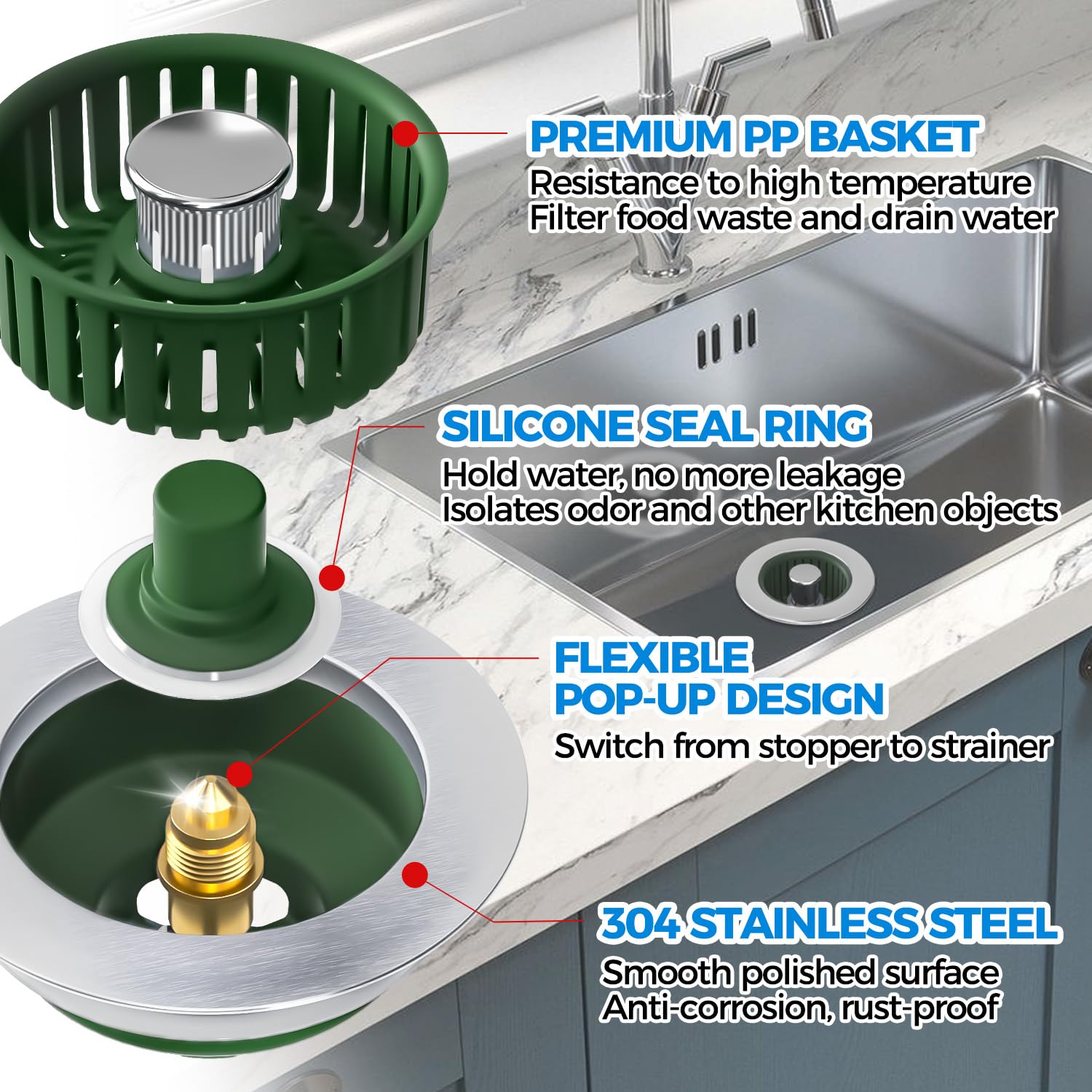 Sink Drain Strainer - Sink Stopper Kitchen Drain, 3 in 1 Kitchen Sink Drain Strainer with Anti-Clogging Basket, Kitchen Gadgets Clearance Sink Accessories, Fit US Standard 3-1/2'' Sink Hole, Silver