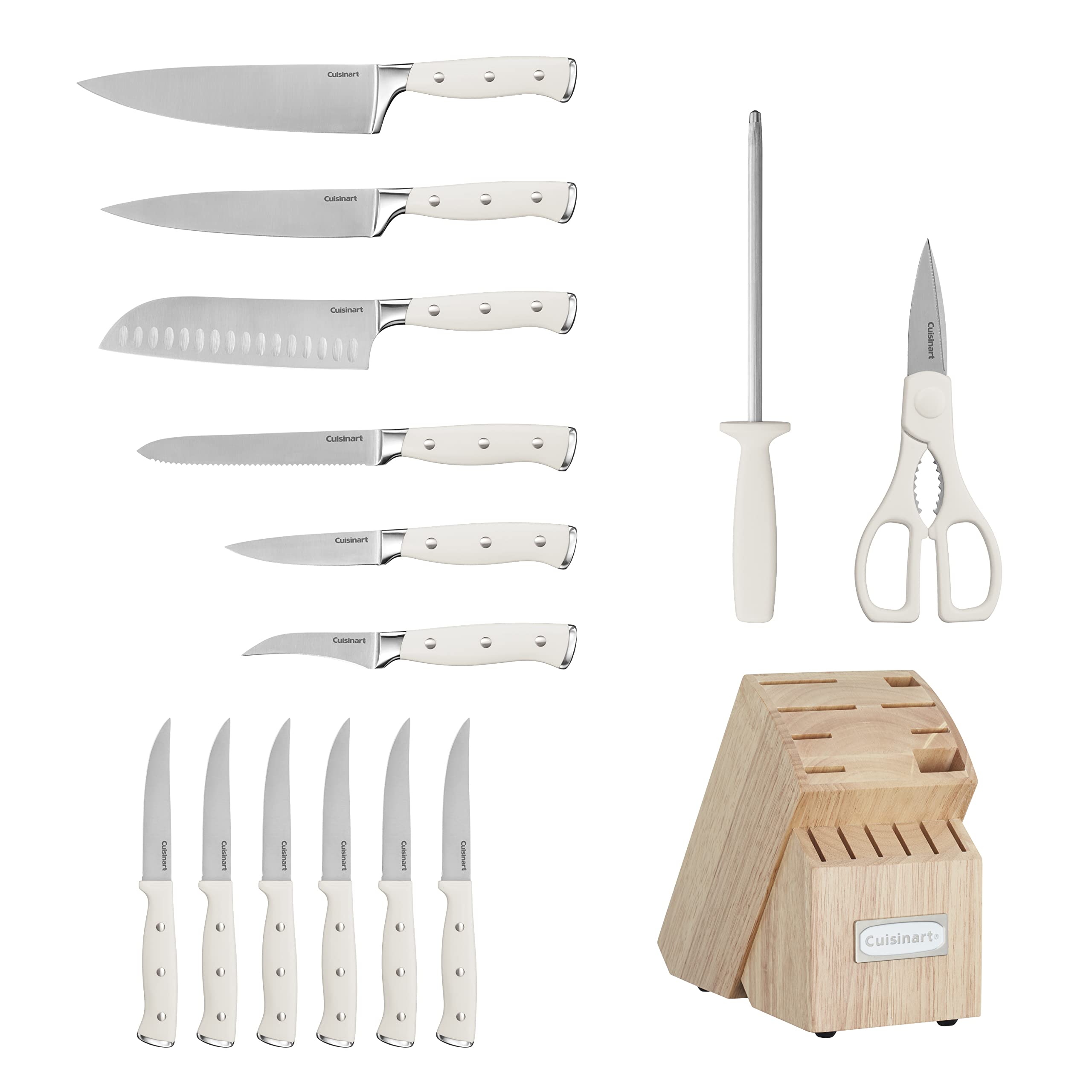 Cuisinart 15-Piece Knife Set with Block, High Carbon Stainless Steel, Forged Triple Rivet, White, C77WTR-15P