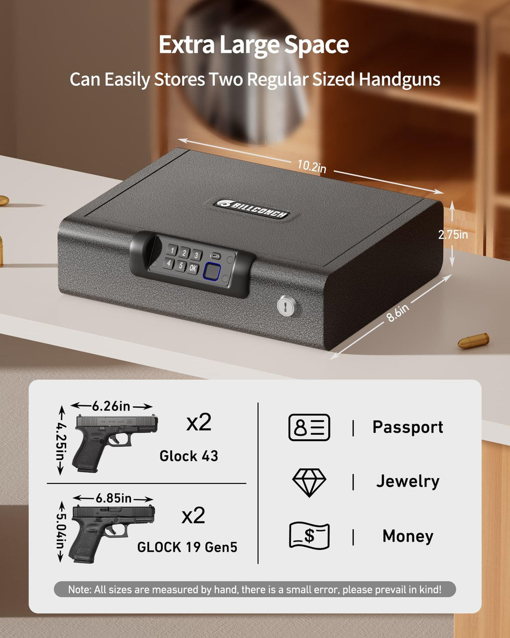 Biometric Gun Safe for Pistols 3-Ways unlock Fingerprint Digital PIN Key Unlock Handgun Safe with Sound, Lock box for Cloakroom living room Bedroom Nightstand and Car BILLCONCH