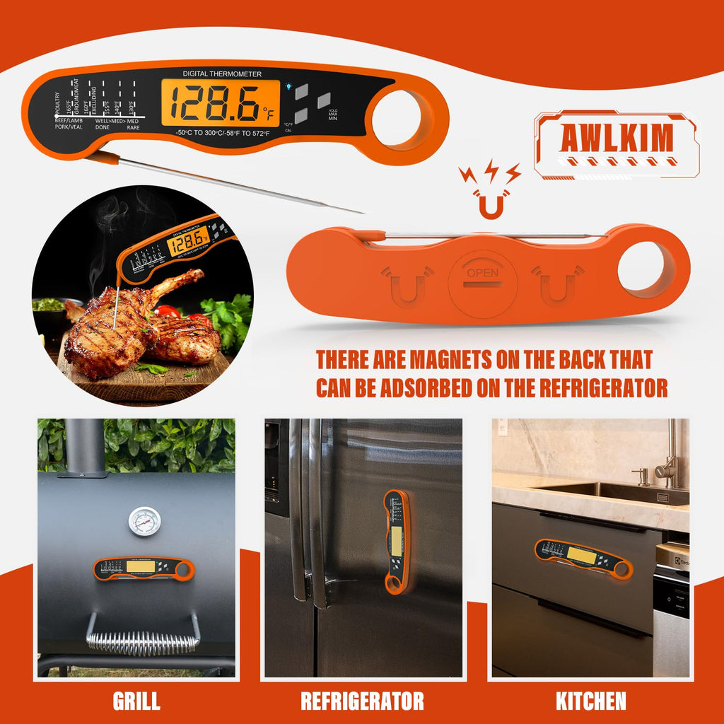 AWLKIM Meat Thermometer Digital - Instant Read Waterproof Food Thermometer with Backlight for Cooking, Grill, Candy, Kitchen & Stocking Stuffers for Men - Red