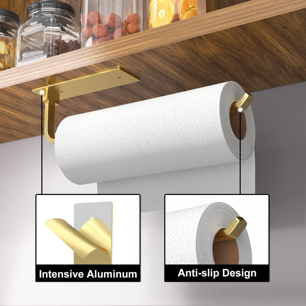 Paper Towel Holder - Self-Adhesive or Drilling, White, Upgraded Aluminum Kitchen Roll Dispenser Under Cabinet, Lighter but Stronger Than Stainless Steel!