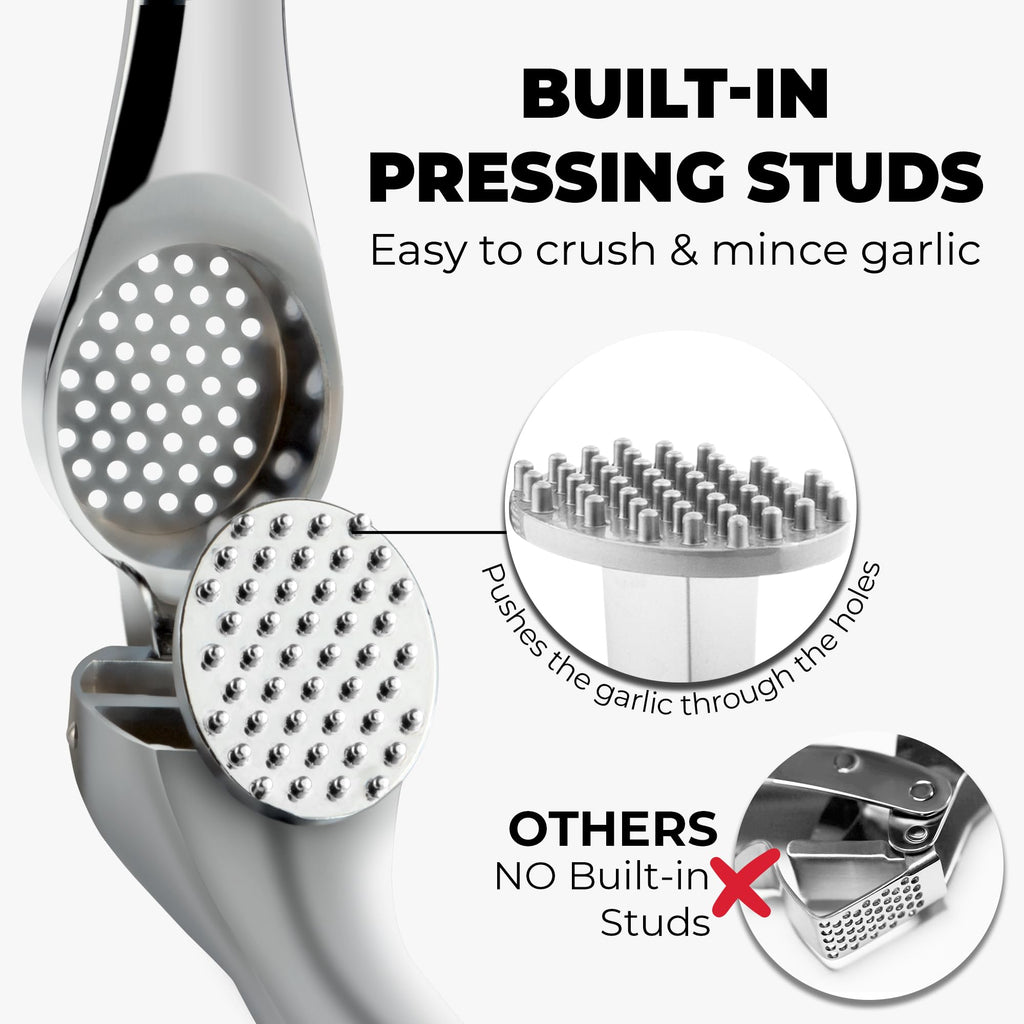 Zulay Kitchen Premium Garlic Press Set - Rust Proof Professional Garlic Mincer Tool - Easy-Squeeze, Easy-Clean with Soft, Ergonomic Handle - Silicone Garlic Peeler & Brush (Silver)