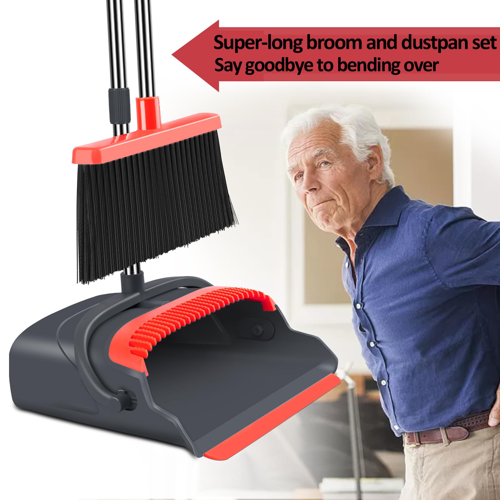 Upgrade Broom and Dustpan Set, Self-Cleaning with Dustpan Teeth, Indoor&Outdoor Sweeping, Ideal for Dog Cat Pets Home Use, Stand Up Broom and Dustpan (Gray&Orange)