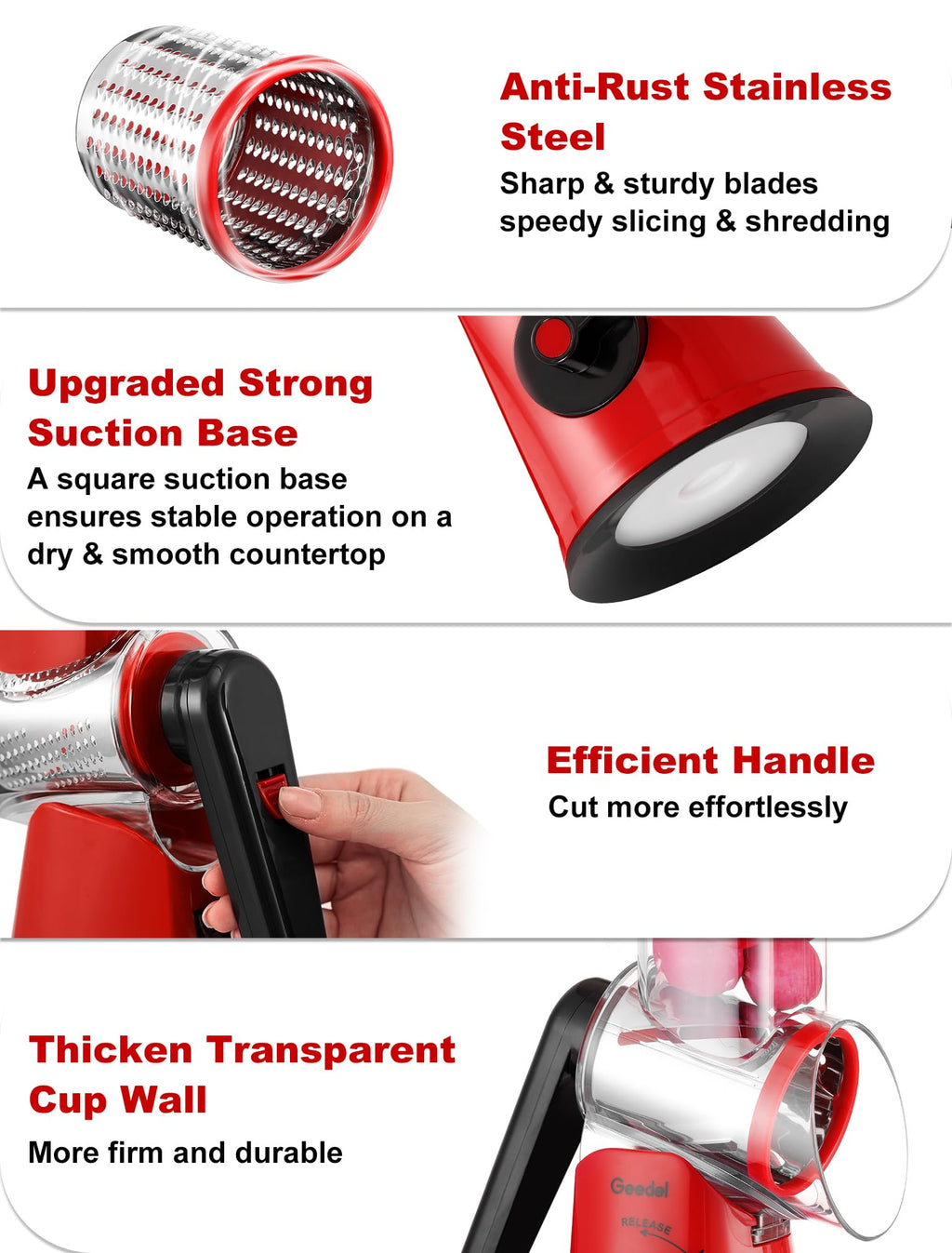 Geedel Rotary Cheese Grater, Kitchen Mandoline Vegetable Slicer with 3 Interchangeable Blades, Easy to Clean Grater for Fruit, Vegetables, Nuts
