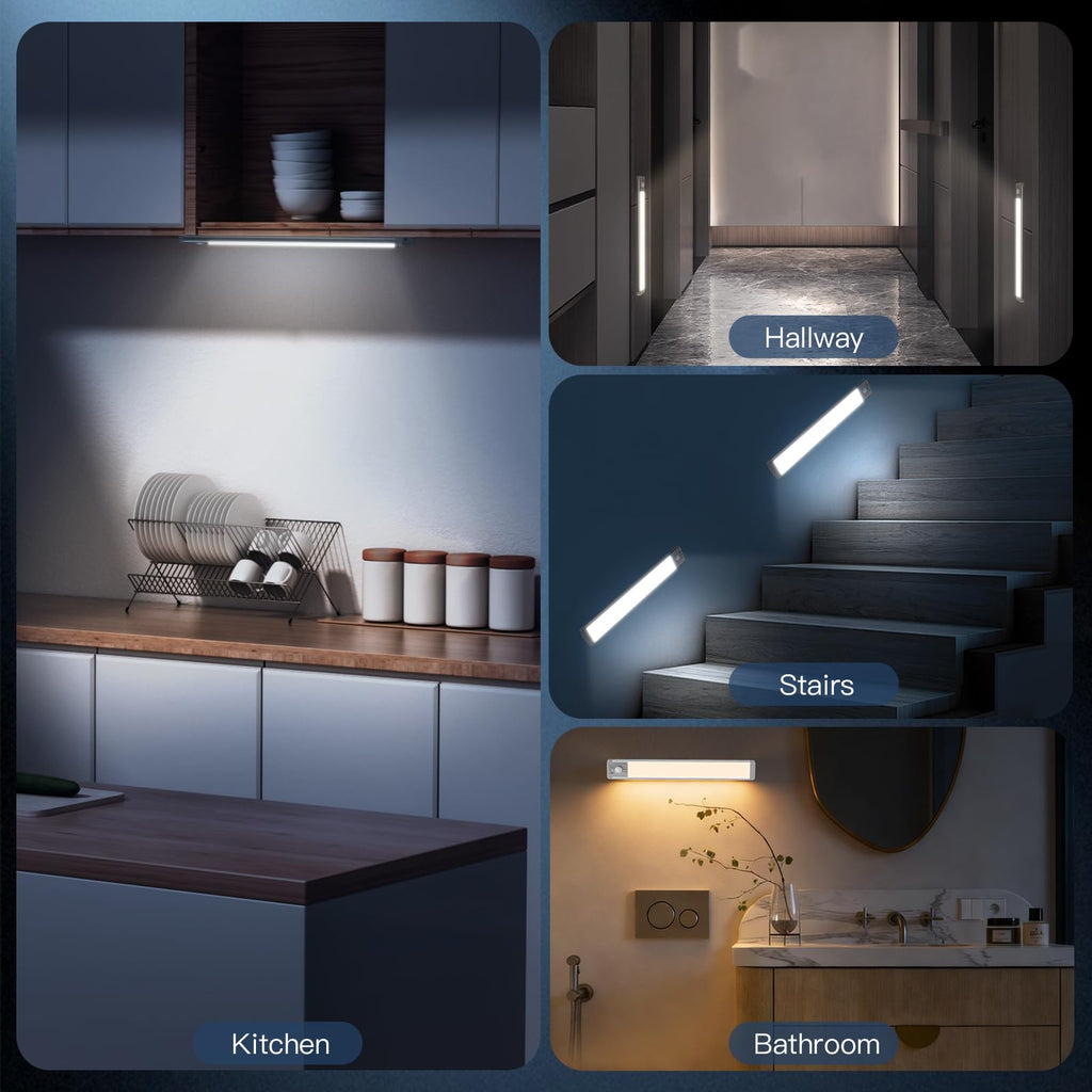 Under Cabinet Lighting, 14.7" Rechargeable Motion Sensor Light Indoor, 2 Pack Magnetic Dimmable Closet Lights, Wireless Under Counter Lights for Kitchen, Stairs,Hallway