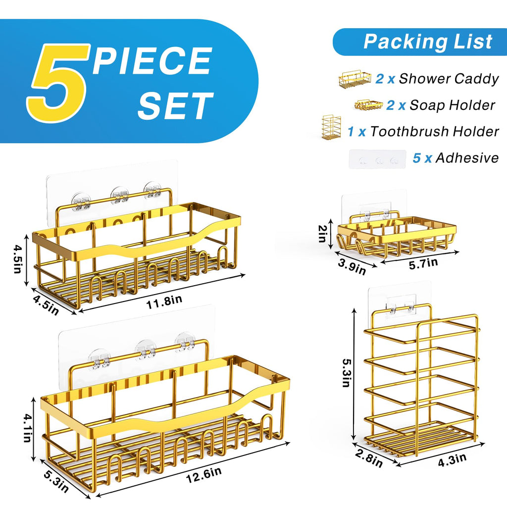 EUDELE Adhesive Shower Caddy, 5 Pack Rustproof Stainless Steel Bath Organizers With Large Capacity, No Drilling Shelves for Bathroom Storage & Home Decor