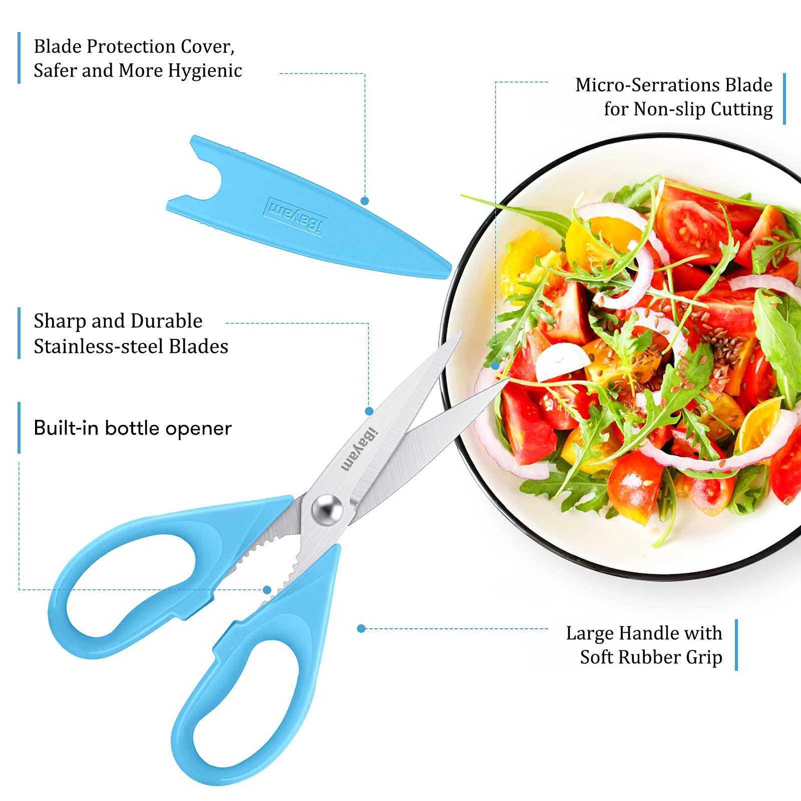 iBayam Kitchen Scissors All Purpose Heavy Duty 2 Pack with Protective Sheath, Stainless Steel Shears Kitchen Utensils Set for Cutting Food Cooking Meat Poultry Dishwasher Safe Soft Comfort-Grip