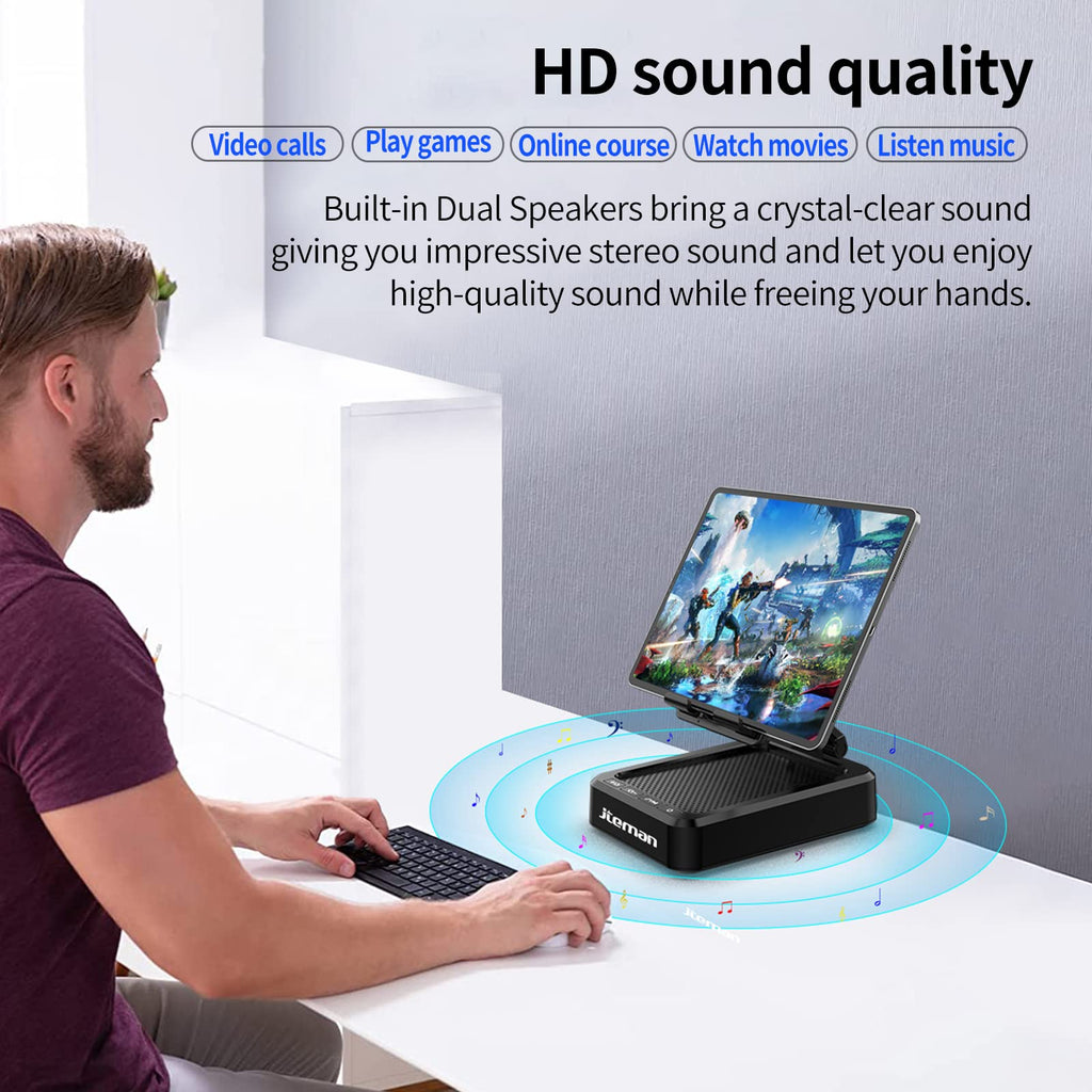 JTEMAN Cell Phone Stand with Bluetooth Speaker, HD Stereo Sound & Anti-Slip Base, Foldable Adjustable Desktop Phone Holder for Home Office, Cool Tech Gadgets Birthday Gifts for Men Women (Black)