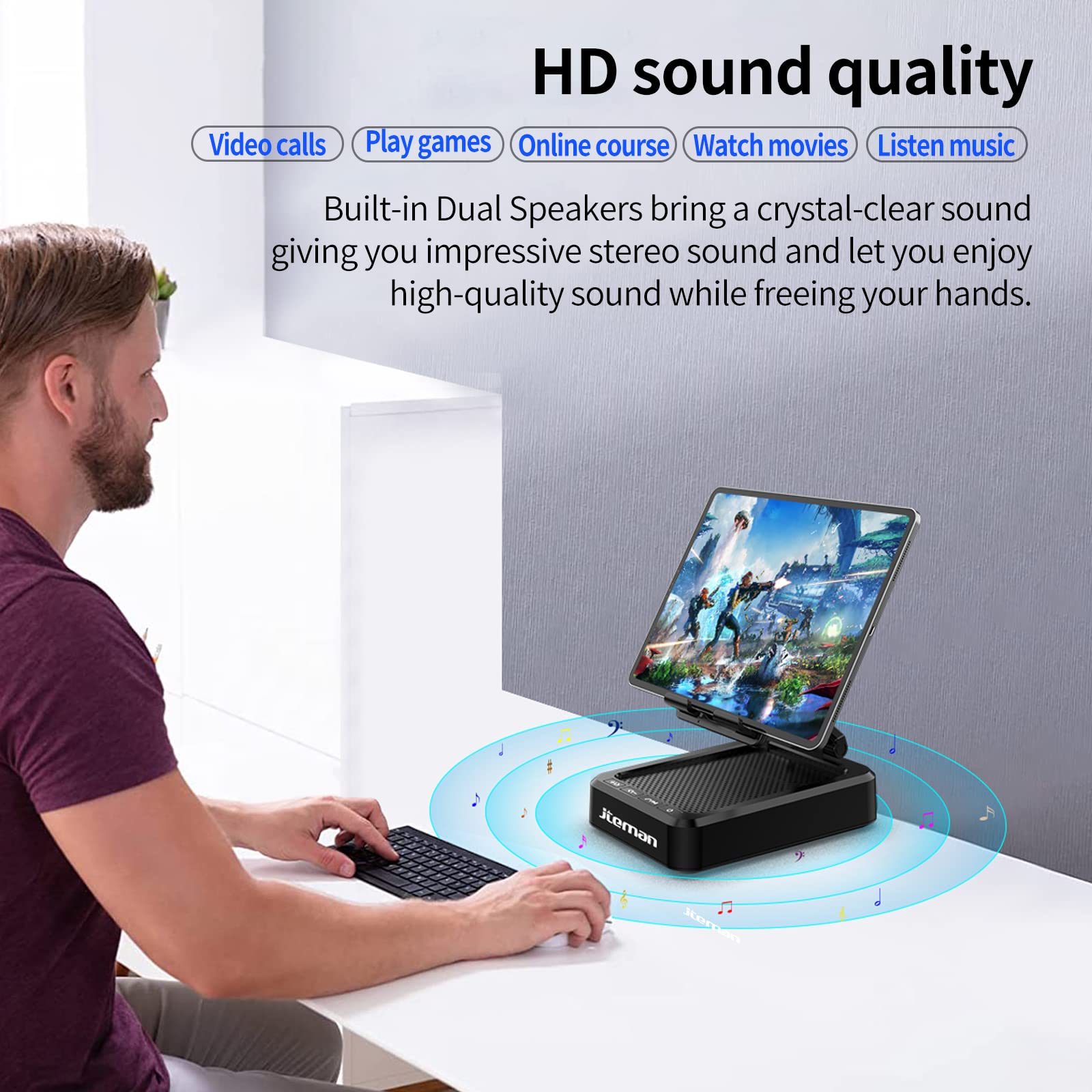 JTEMAN Cell Phone Stand with Bluetooth Speaker, HD Stereo Sound & Anti-Slip Base, Foldable Adjustable Desktop Phone Holder for Home Office, Cool Tech Gadgets Birthday Gifts for Men Women (Black)