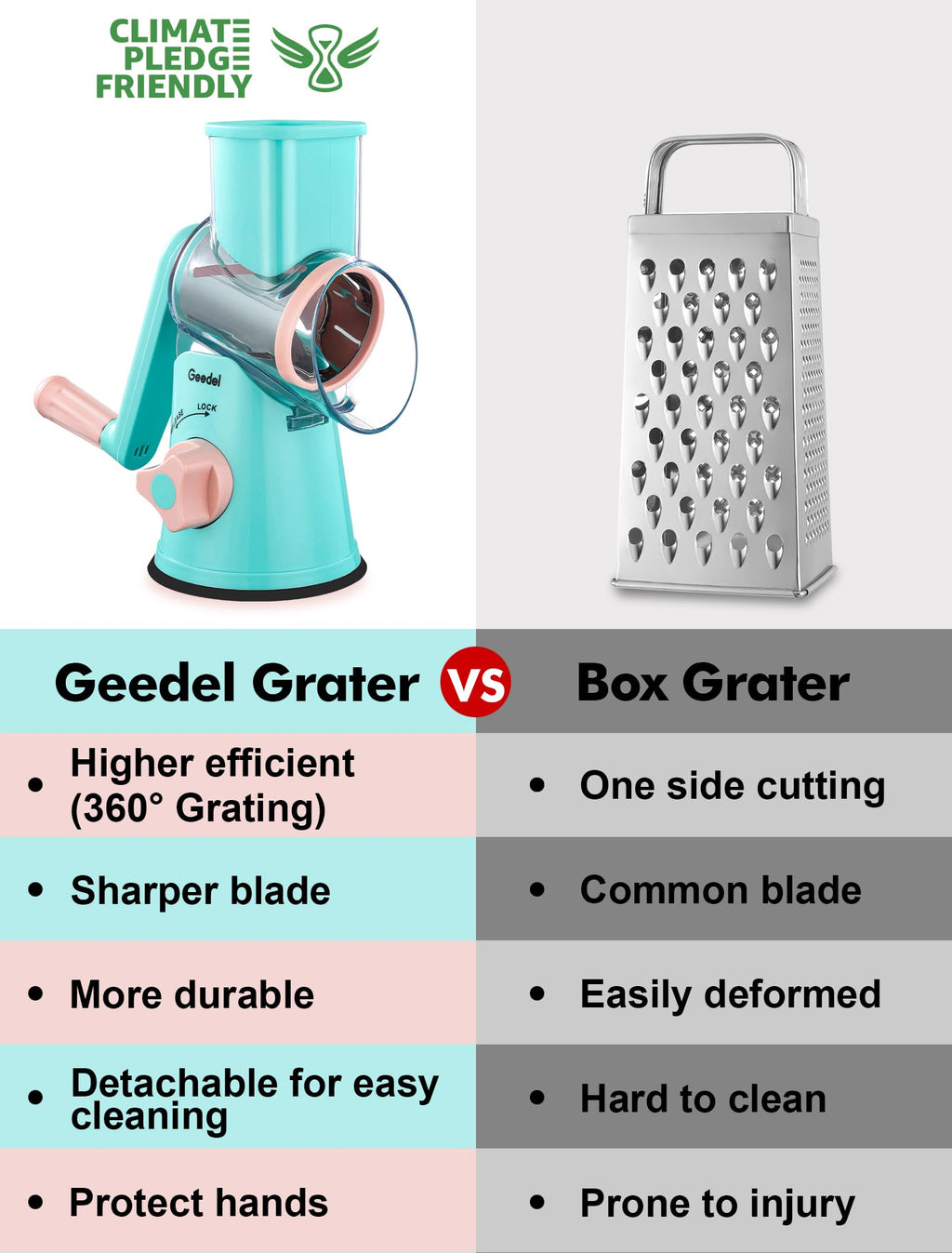 Geedel Rotary Cheese Grater, Kitchen Mandoline Vegetable Slicer with 3 Interchangeable Blades, Easy to Clean Grater for Fruit, Vegetables, Nuts