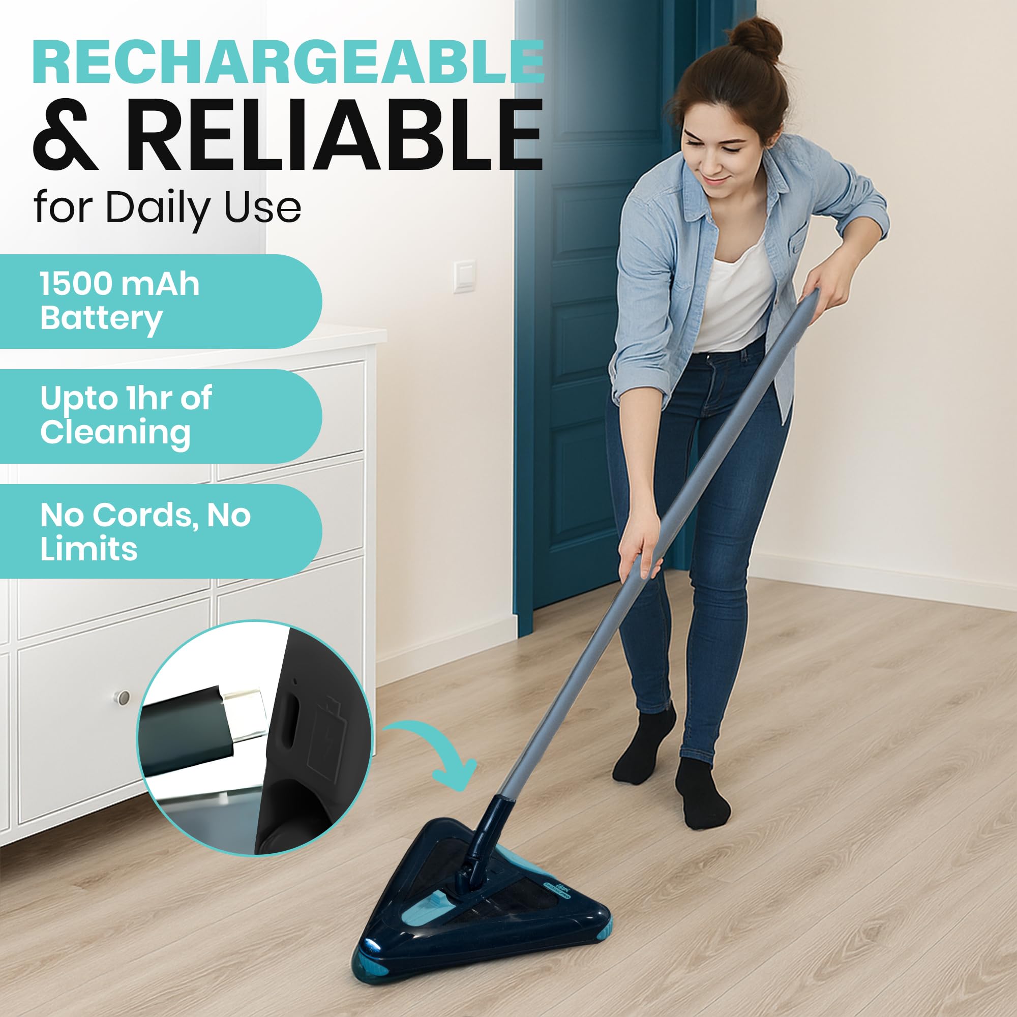 Zippi Sweeper Standard - 2025 New and Improved Lightweight Sweeper, Perfect for Short Carpet Hardwood and Tile, Triangular Design Allows for Sweeping in Corners, 30 Minutes Cleaning Time