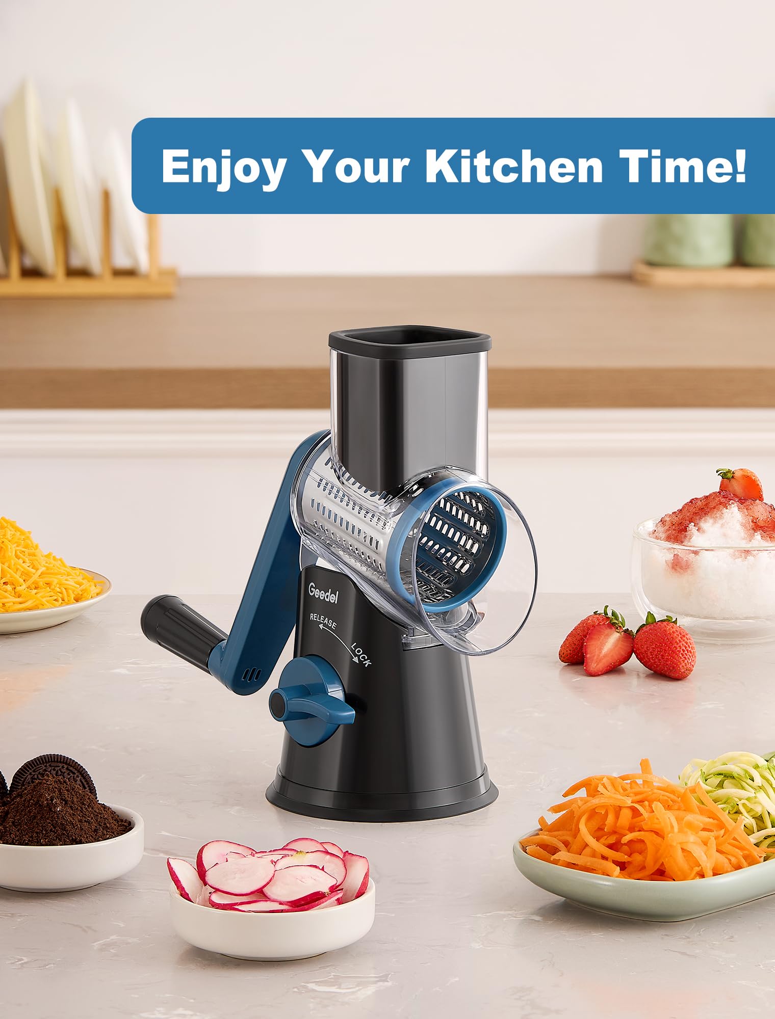Geedel Rotary Cheese Grater, Kitchen Mandoline Vegetable Slicer with 3 Interchangeable Blades, Easy to Clean Grater for Fruit, Vegetables, Nuts